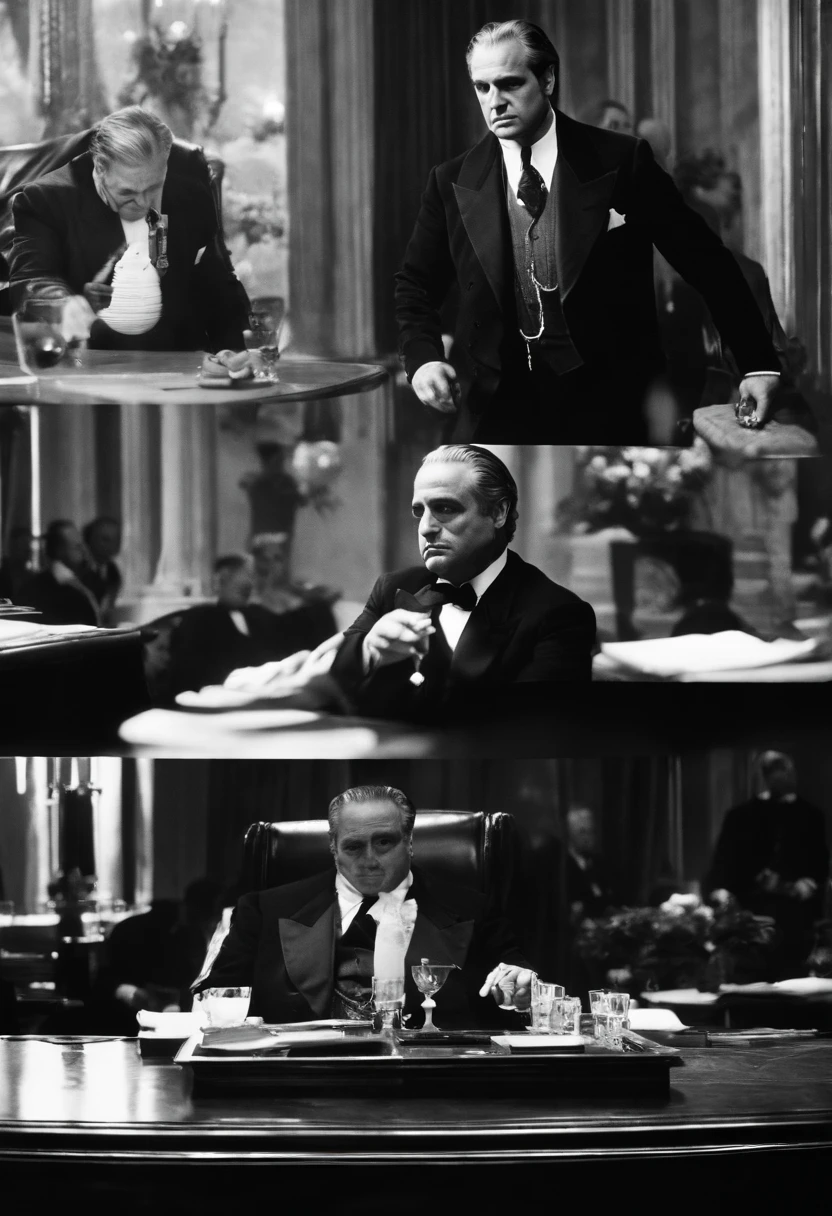 A black and white photo of Don Vito Corleone enjoying a cigar in a dimly lit room,The Godfather,Don Vito Corleone has a distinctive and memorable appearance that adds to his powerful presence.
1. Bald Head: Don Vito Corleone is depicted as having a bald head, which is often seen as a symbol of his wisdom and authority. His smooth and clean-shaven scalp enhances his commanding presence and gives him a distinctive physical trait.
2. Strong Facial Features: Don Vito Corleone has a strong and expressive face. He is often portrayed with a prominent jawline and high cheekbones, which contribute to his rugged and formidable appearance. His face carries a sense of gravitas and intensity, reflecting the weight of his responsibilities and the power he wields.
3. Piercing Eyes: One of the most striking features of Don Vito Corleone's look is his piercing gaze. His eyes are often depicted as dark and intense, capable of conveying a range of emotions from kindness to sternness. They reflect his sharp intellect and ability to see through people and situations.
4. Distinguished Aging: Don Vito Corleone is typically shown as an older man, and his aging features add to his aura of wisdom and experience. He may have wrinkles and lines on his face, indicating the passage of time and the hardships he has endured. These signs of aging also serve as a visual testament to his resilience and strength.
5. Formal Attire: Don Vito Corleone is known for his impeccable sense of style and typically dresses in elegant and formal attire. He often wears well-tailored suits, often in dark colors like black or charcoal gray. His clothing reflects his status as a powerful and respected figure, exuding an air of sophistication and respectability.
6. Accessories: Don Vito Corleone is often seen wearing accessories that further enhance his character. He may wear a fedora hat, which adds a touch of classic charm and authority to his look. Additionally, he might have a signature ring, such as the iconic Don's ring, which symbolizes his position of power within the Corleone family.
Overall, Don Vito Corleone's look combines strength, elegance, and a sense of timeless style. His physical appearance serves as a visual representation of his character, reflecting his power, wisdom, and status as the formidable leader of the Corleone crime family.
7. Broad Shoulders and Sturdy Build: Don Vito Corleone is often depicted as having a robust and solid physique. He has broad shoulders and a sturdy build, which adds to his imposing presence and physical strength. This physical stature further emphasizes his role as a dominant figure within his criminal empire.
8. Facial Expressions: Don Vito Corleone's face is known for its ability to convey a range of emotions and nuances. He can exhibit a calm and collected expression, exuding an air of authority and control. At the same time, his face can transform to reflect his anger, disappointment, or tenderness, making his emotions palpable and adding depth to his character.
9. Graying Hair: In many portrayals, Don Vito Corleone has graying or salt-and-pepper hair, which signifies his age and experience. The touch of gray in his hair adds to his distinguished appearance, suggesting wisdom and maturity. It serves as a visual cue for his years of being a respected and influential figure within his community.
10. Scar: In some depictions, Don Vito Corleone may have a visible scar on his cheek or jawline. The scar serves as a reminder of the dangers and conflicts he has faced throughout his life. It hints at his past struggles and the violence that permeates his world, further emphasizing the complexity of his character.
11. Stoic Expression: Don Vito Corleone often maintains a stoic expression, revealing little of his inner thoughts or emotions. This reserved demeanor adds to his air of mystery and unpredictability. It also reflects his ability to keep a calm and composed exterior even in the face of challenging situations, further enhancing his image as a master strategist.
12. Body Language: Don Vito Corleone's body language is often measured and deliberate. He moves with purpose and confidence, commanding attention wherever he goes. His gestures and postures exude a sense of authority, reinforcing his position as a leader and someone to be respected.
These additional details about Don Vito Corleone's look contribute to his iconic and memorable appearance. The combination of his physical features, attire, and body language helps establish him as a formidable and enigmatic figure in the world of "The Godfather."