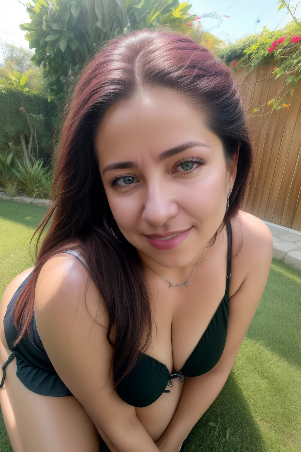 Escena diurna, Foto de primer plano de una latina desnuda, senos grandes, sitting in a garden, Piernas abiertas, Rostro seductor, Look at the viewer and smile, Pelo negro de cola de caballo, (ojos azules:0.8), Adult erotic face, 30 yo, soft volumetric lights, (retroiluminado:1.3), (Kinematic:1.3), Detalles intrincados, (Artstation:1.2)