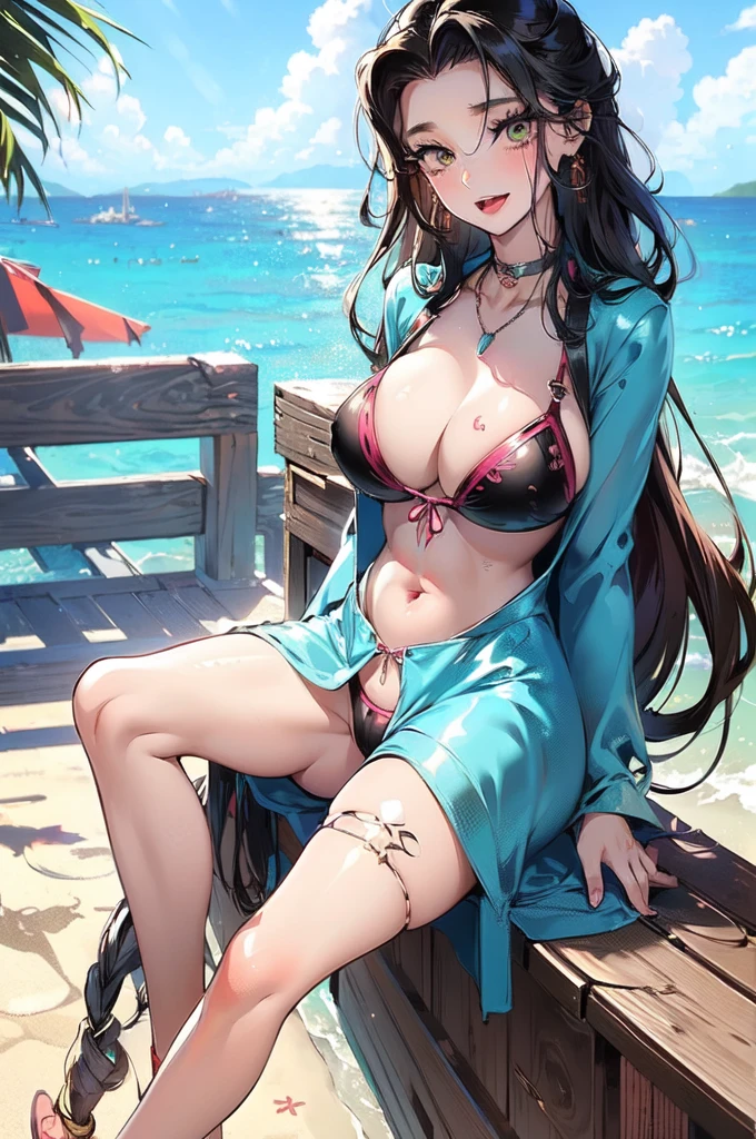 "(masterpiece:1.1), best quality, NSFW,
1girl, gyaru, (80s anime style:1.3), (eyelashes:1.5), (:1.2),
(intricate high detailed body:1.2),
black hair,
(hair slicked back:1.2), (long hair, drill hair:1.1),
green eyes, (thick eyebrows:1.1),
(oiled skin:1.1), (curvy body:1.2), (huge breasts:1.1),
(happy, smile:1.2), (open mouth, tongue out, blush:1.2),
(slingshot bikini:1.1),
accessories, collar, streaked hair,
(sitting, spread legs:1.1),
(cowboy shot, cameltoe:1.1),
(daytime, beach:1.2)"