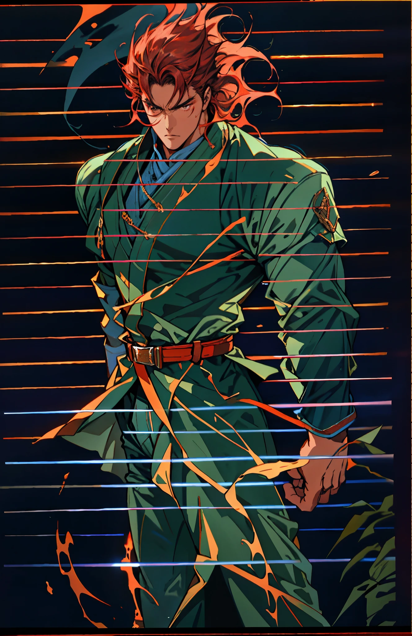a young man, deep blue short hair, a dense and voluminous spiky hairstyle, two long hair bangs, an arrogant demeanor, a fierce gaze, brown skin, simple solid-colored traditional Chinese clothing, a red belt, flowing hem, red wrist guards, coarse cloth trousers, the surrounding air distorts due to intense heat, the background depicts a volcanic crater erupting with molten lava, this character embodies a finely crafted fantasy-style martial arts in anime style, exquisite and mature manga art style, high definition, best quality, highres, ultra-detailed, ultra-fine painting, extremely delicate, professional, anatomically correct, symmetrical face, extremely detailed eyes and face, high quality eyes, creativity, RAW photo, UHD, 8k, Natural light, cinematic lighting, masterpiece-anatomy-perfect, masterpiece:1.5