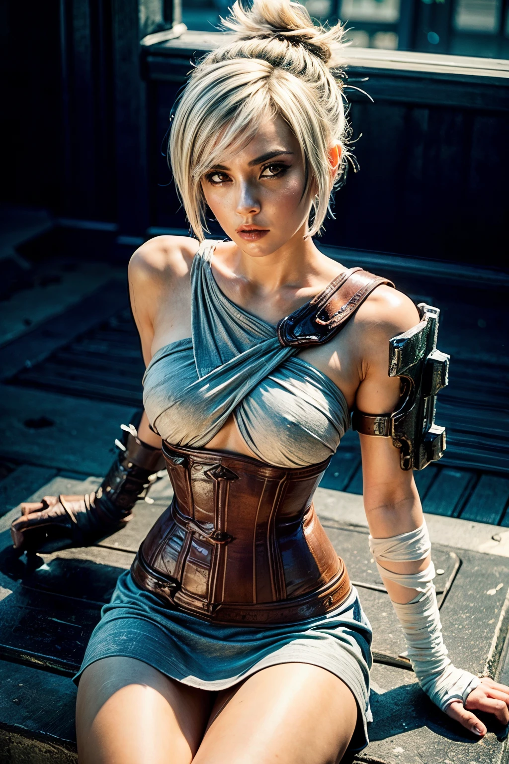 (Masterpiece:1.2), best quality, (ultra-detailed),hyper detailed, riven \(league of legends\), 1girl, folded ponytail, short dress, single pauldron, corset, white huge hair, sitting, upper body, cowgirl shot, open leg, long leg, Remove clothes on body:1.4, Show breast, show boobs nipple :1.4, show pussy , girl pussy :1.3, show genital, genital realistic