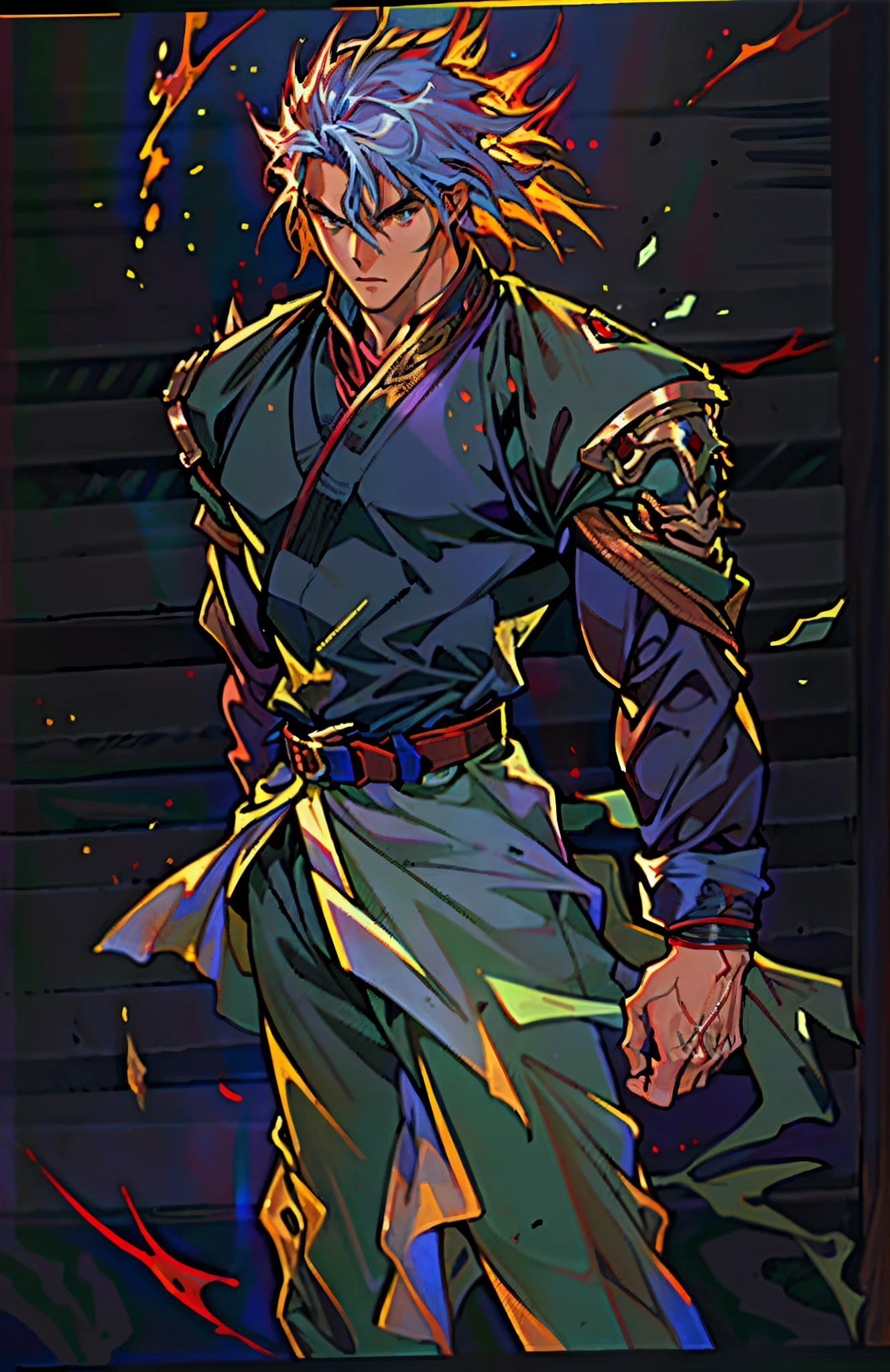 a young man, deep blue short hair, a dense and voluminous spiky hairstyle, two long hair bangs, an arrogant demeanor, a fierce gaze, brown skin, simple solid-colored traditional Chinese clothing, a red belt, flowing hem, red wrist guards, coarse cloth trousers, the surrounding air distorts due to intense heat, the background depicts a volcanic crater erupting with molten lava, this character embodies a finely crafted fantasy-style martial arts in anime style, exquisite and mature manga art style, high definition, best quality, highres, ultra-detailed, ultra-fine painting, extremely delicate, professional, anatomically correct, symmetrical face, extremely detailed eyes and face, high quality eyes, creativity, RAW photo, UHD, 8k, Natural light, cinematic lighting, masterpiece-anatomy-perfect, masterpiece:1.5