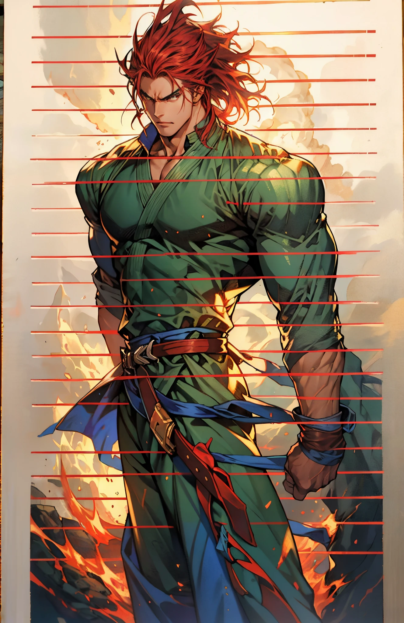 a young man, deep blue short hair, a dense and voluminous spiky hairstyle, two long hair bangs, an arrogant demeanor, a fierce gaze, brown skin, simple solid-colored traditional Chinese clothing, a red belt, flowing hem, red wrist guards, coarse cloth trousers, the surrounding air distorts due to intense heat, the background depicts a volcanic crater erupting with molten lava, this character embodies a finely crafted fantasy-style martial arts in anime style, exquisite and mature manga art style, high definition, best quality, highres, ultra-detailed, ultra-fine painting, extremely delicate, professional, anatomically correct, symmetrical face, extremely detailed eyes and face, high quality eyes, creativity, RAW photo, UHD, 8k, Natural light, cinematic lighting, masterpiece-anatomy-perfect, masterpiece:1.5