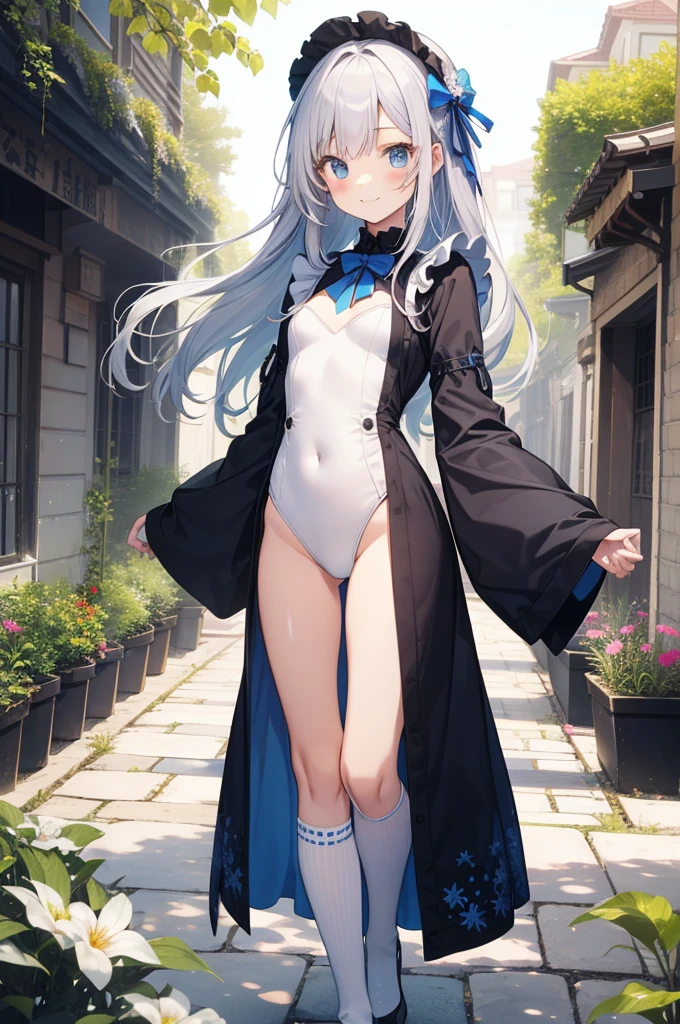 Beautiful illustration、top-quality、cute it girl、(transform sequence)、Beautiful blue Japanese-style maid uniform、((white  leotard))、10y old、elementr beautiful girl、Fractal Art、baby-face、Silver Straightg Haiautiful detailed blue eyes、kindly smile、Full Body Display、Western-style garden、（1 persons）、long-sleeve、Bright, sunny and beautiful garden、（knee high socks）、is standing、（highleg）、You can see the chest