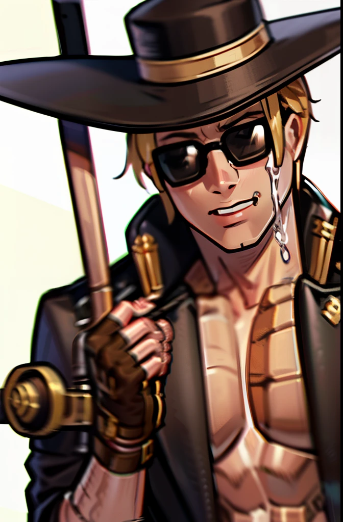 Highly detailed, High Quality, Masterpiece, beautiful, HornyJail, baseball bat, 1boy, solo, beaten, (in pain:1.4), cross eyed, johnny, (coat:1.4), (sunglasses:1.4), (brown fingerless gloves:1.4), brimmed cowboy hat, open clothes, pectorals, muscular, abs, solid-best-physical-appearance-perfect::0.9