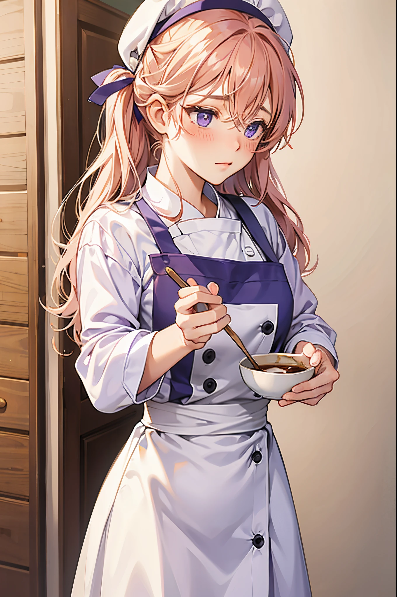 Erina Nakiri, chef, clean outfit, playing cream, purple pupil, blush, shy, chef hat