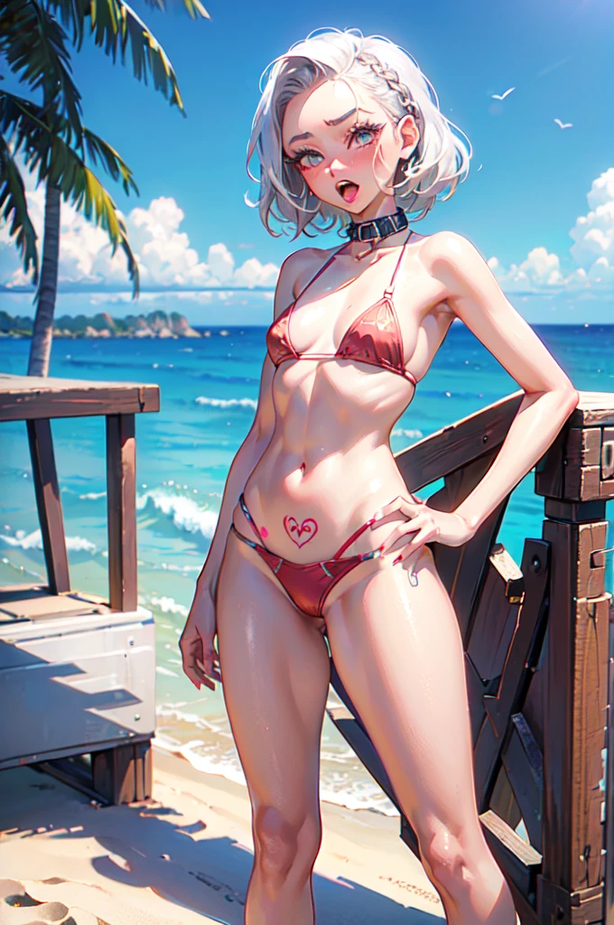 "(masterpiece:1.1), best quality, NSFW,
1girl, gyaru, (80s anime style:1.3), (eyelashes:1.5), (:1.2),
(intricate high detailed body:1.2),
(silver hair:1.1),
(forehead, hair slicked back:1.2), (short hair, french braid:1.1),
brown eyes, (red lip stick, eye shadow:1.1),
(oiled skin:1.3), (slim body:1.2), (small breasts:1.1),
(naughty face:1.2), (open mouth, tongue out, blush:1.2),
(slingshot bikini:1.1),
tattoo, collar, headband,
standing, arms behind head,
(cowboy shot:1.1),
(daytime, beach:1.2)"