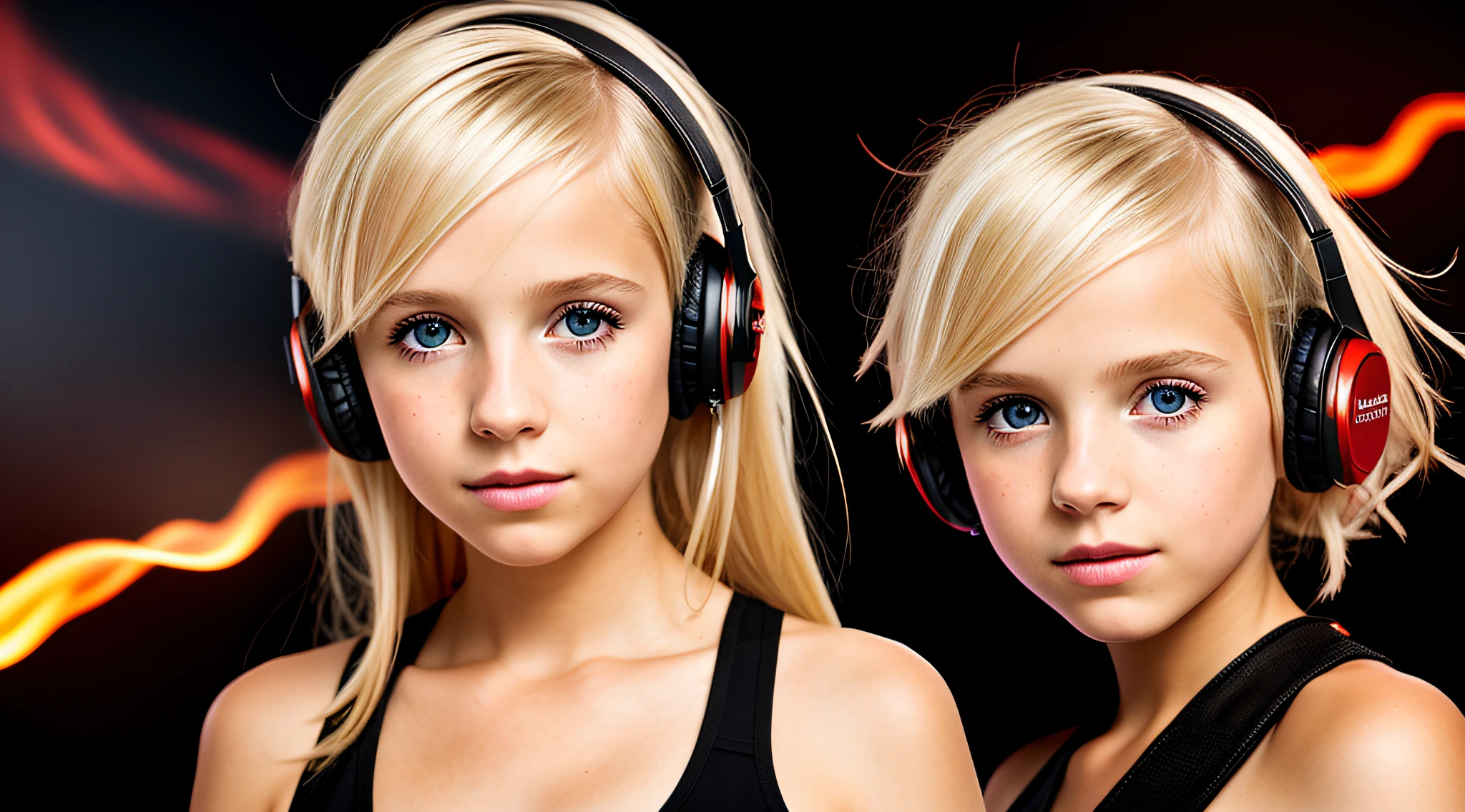  girl BLONDE CHILD, golden eyes, platinum haired girl, there is a woman with neon headphone. and a red background, on fire, flames in the background, flames surround her, fire and flames and smoke, portrait shot, promotional art, red flames in the background, background art, wearing tumultuous flames, flames in the background, closeup portrait photo, Girl wearing headphones, loud music, hair made of fire, music, fiery atmosphere,