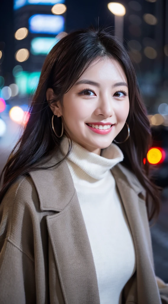 8K、Raw photography、realisitic、(high-detail、top-quality:1.2)、Beautiful Women in Perfect Style、Big, Exclusive coat、Thin sweater、Snowy night city