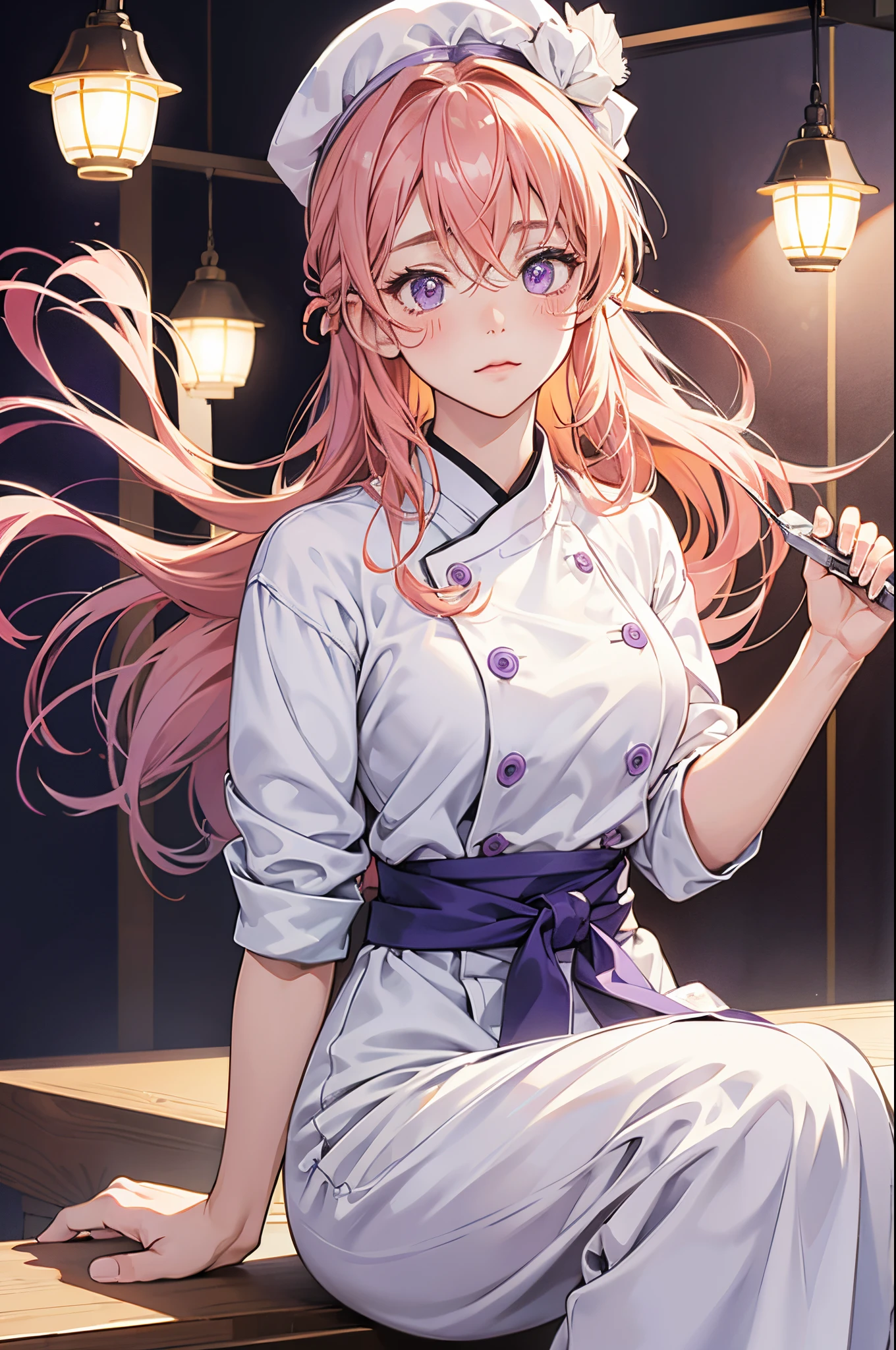 Erina Nakiri, chef, clean outfit, playing cream, purple pupil, blush, shy, chef hat, masterpieces, solo, 16K anime wallpaper, extreme quality, ultra lighting