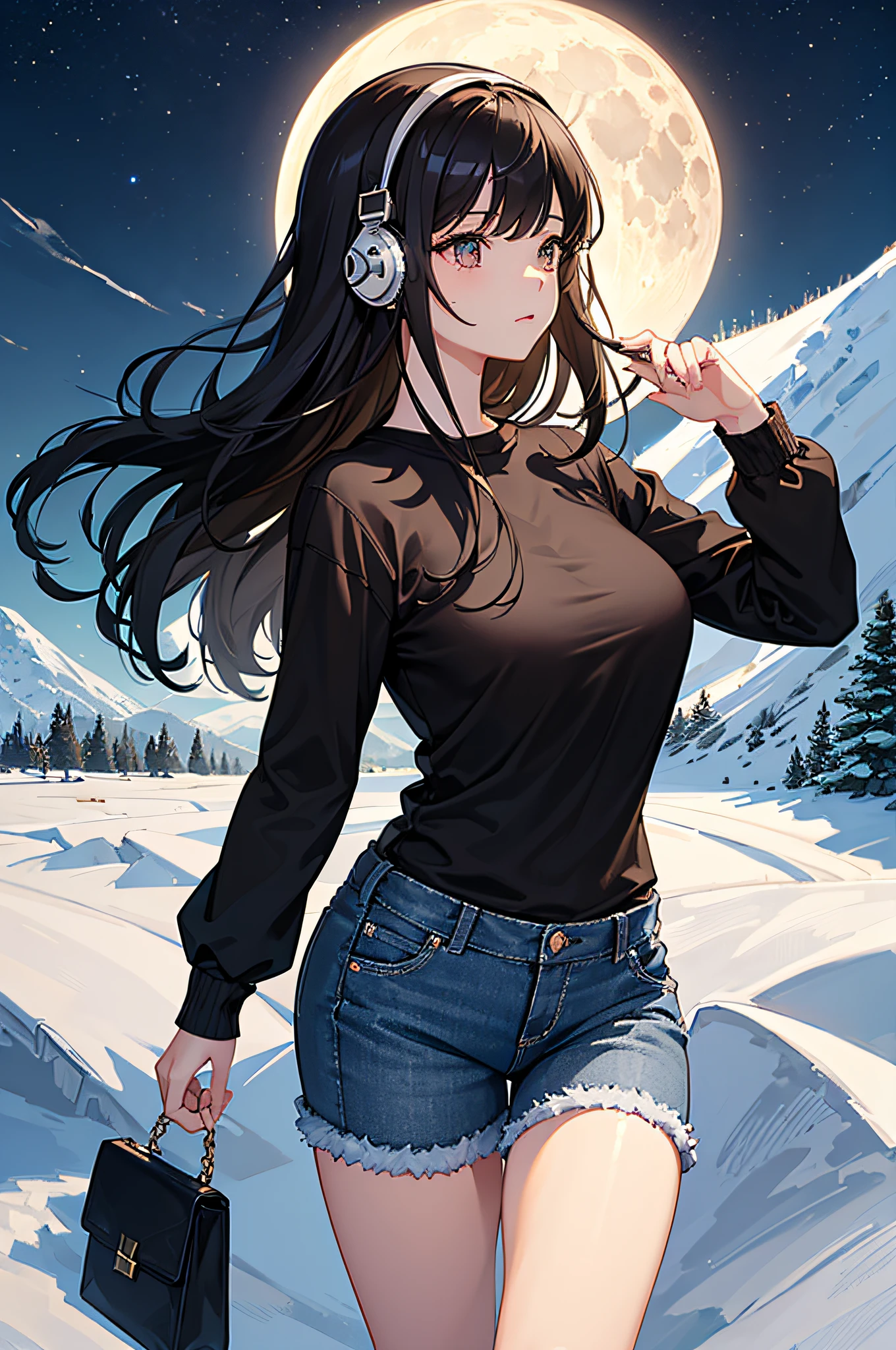 One girl, face for camera, profile, happy, moon, 24-years, lantern, night, ground, Wide black t-shirt with black chain, jeans, Slightly chubby, nose is small, not too pointed, long brown hair no bangs with headset, slightly wavy, boobs big, water, outdoors, sky, full moon, rain, mountain, cloud, standing, night sky, tree, sideways, reflection, cloudy sky (masterpiece), (extremely detailed 8k CG wallpaper), top quality, ground, 1girl, cinematic lighting, intricate background, beautiful detailed eyes, shining pupils, (exquisitely delicate and lovely), (description of beautiful and detailed brown eyes), ultra-detailed, masterpiece).