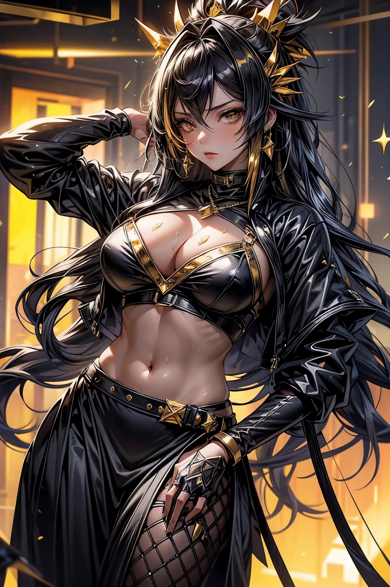 The most gangsta anime girl wearing apex gold and obsidian colors, metal luminance, metal golden pleated shimmer and crystal shine, black and yellow you what it is, art deco and art neuvao in this house, queen of kings, the most royal bitch out there, sweat shine
