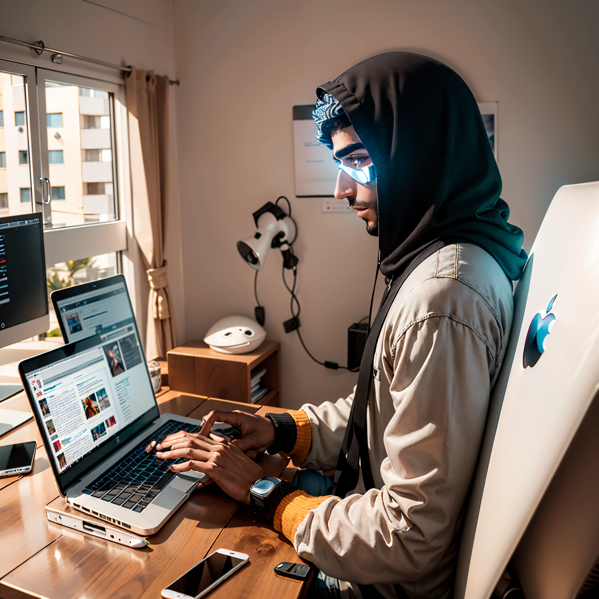 In a modern apartment in Istanbul, a young Arab man is looking at the Vatanreal.Com website on a Mac book or iMac laptop. He is looking for a new house and prefers modern houses.