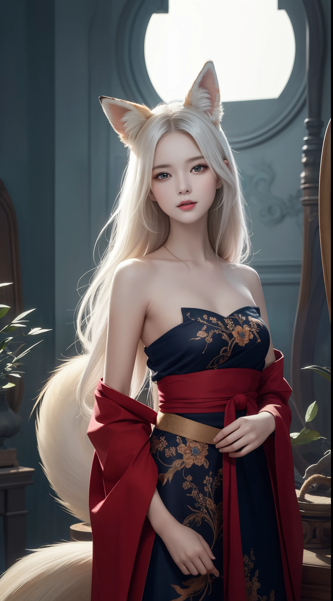 finest image, portrait, female, sexy, beautiful, cute, flat chest, abs, slender, amorous expression, lewd expression, ecstasy, orgasm, light silver glossy flowing layered iridescent hair, blue sparkling eyes, red alluring moist lips, red long dress, red long gloves, background royal palace, many falling petals, professional lighting