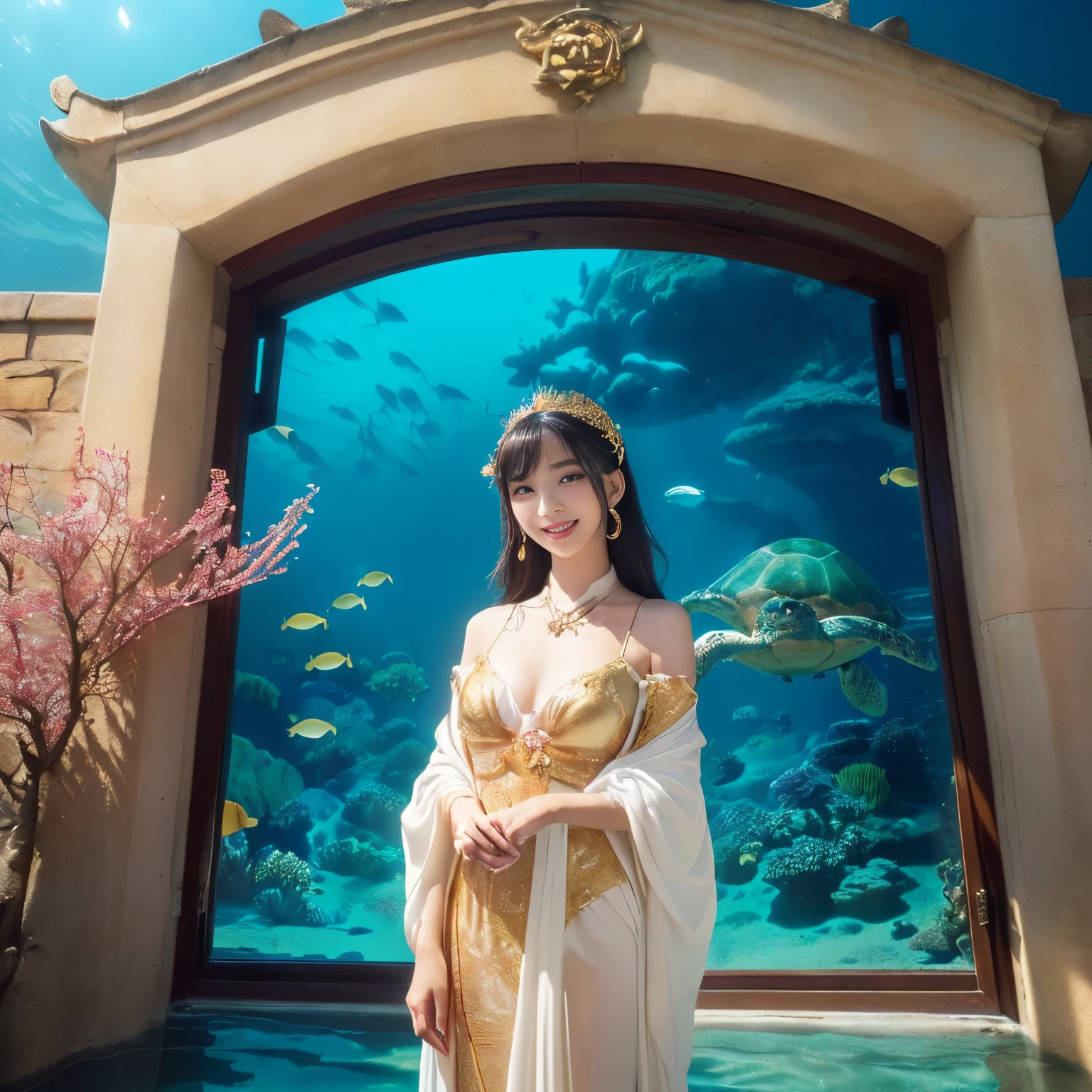 ((top-quality、masutepiece、8K、Top image quality、Very complex and detailed details))、((One princess、one otohime、A very luxurious celestial maiden's robe、Gorgeous and beautiful celestial maiden's robe、Perfect celestial robe、luxurious courtesan costume、Luxurious furisode、Gorgeous Flowers、She is wearing a luxurious hairpin、Luxurious hair ornaments、I'm in a castle under the sea、I'm in a castle under the sea)、((The background is Ryugu Castle, which is very complex and detailed.、Beautiful Niwa-lacquered pillars、luxury tile roof、gold decorations on red castle、A gorgeous red and gold castle、The most luxurious Ryugu Castle、Perfectly recreating Ryugu Castle from Japanese folk tales、Castle under the sea、Ryugu castle under the sea、A sea turtle is swimming in the sea、1 sea turtle、The princess is standing at the entrance to Ryugu Castle.)))、(View me、smil、a smile、photo of her upper body、Perfectly reproducing Ryugu Castle under the sea)