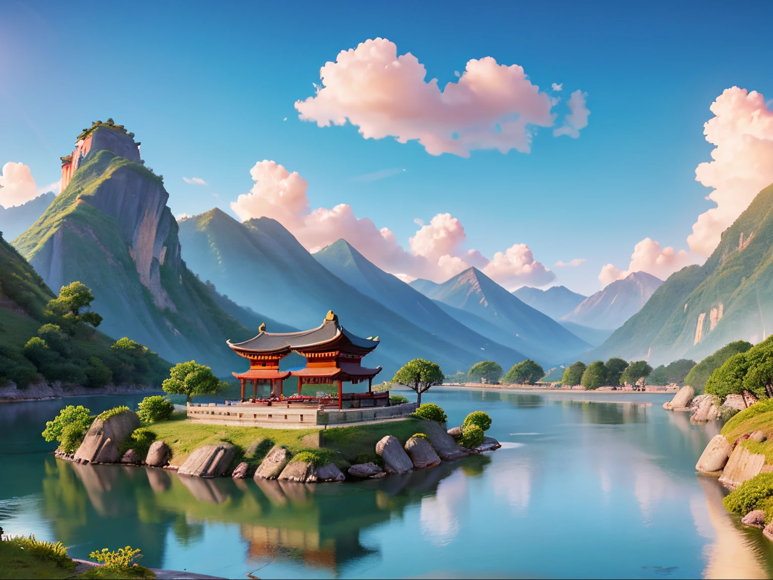 Ancient Chinese scenery, mountains, rivers, auspicious clouds, sunshine, masterpieces, super detail, epic composition, ultra HD, high quality, extremely detailed, official art, unified 8k wallpaper, Super detail, 32k -- v 6