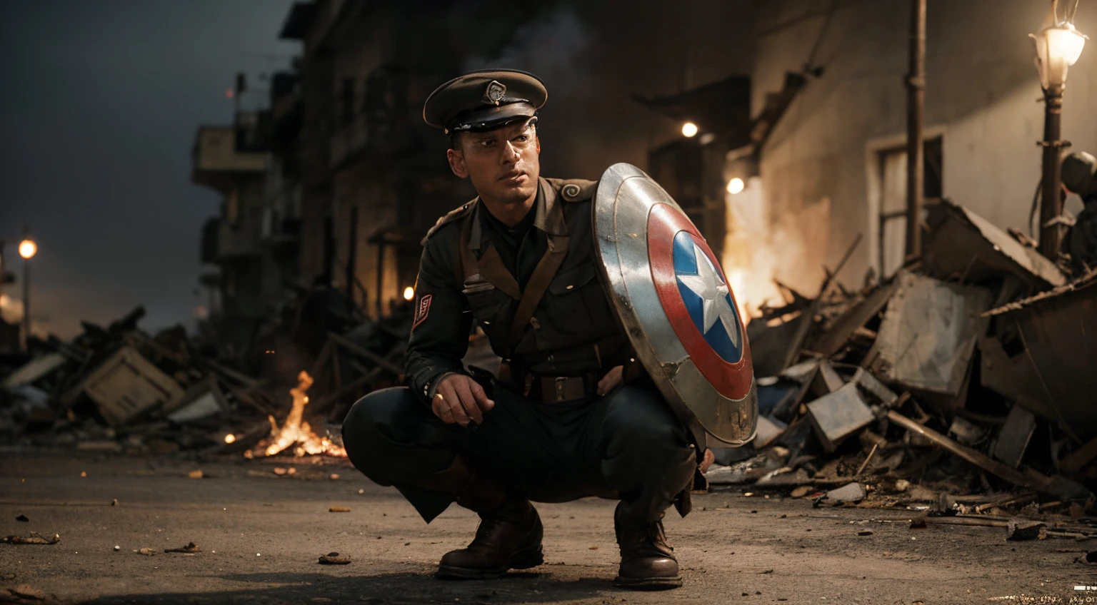 4k, Best quality, masterpiece, ultra high res, beautiful lighting, (realistic, photo-realistic:1.4), realistic background, jokowi, 1man, 50 years old, wear captain america superhero outfit with a concave disk, long shot,
