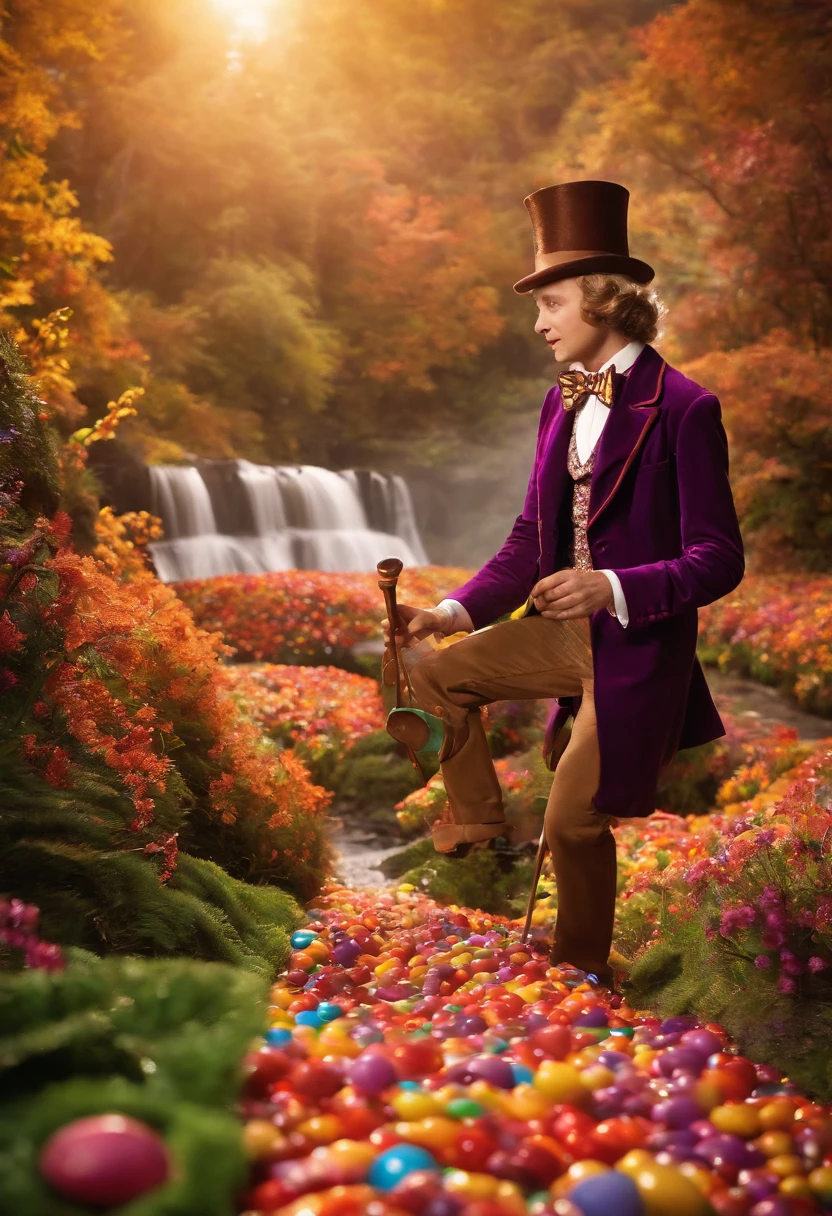 A mesmerizing video of a chocolate river flowing through the candy factory.,Charlie and the Chocolate Factory,Willy Wonka, the eccentric chocolate factory owner in Roald Dahl’s novel and its film adaptations, is known for his flamboyant and whimsical style. He typically sports a top hat, a brightly colored, tailored suit, and a bow tie, embodying his quirky and unconventional character. Wonka’s attire often includes a cane and whimsical accessories that add to his mysterious and playful persona. His bright eyes and enigmatic smile contribute to his charismatic yet unpredictable appearance.