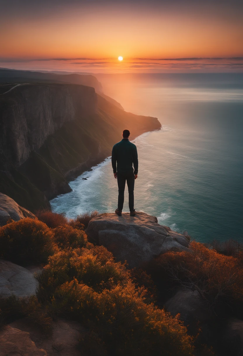 A photo of a person standing on the edge of a cliff, overlooking a beautiful sunrise.,original,Annoying VC is a middle aged man who is Silicon Valley tech person
