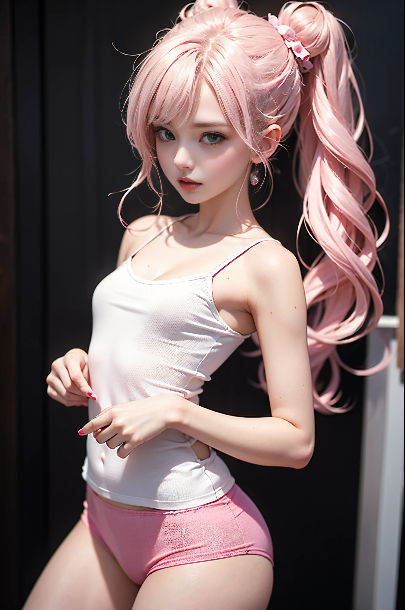 black and pink color scheme，Sexy Girl ，tiny body，white curly hair,　Colorful colored camisole,
standing,