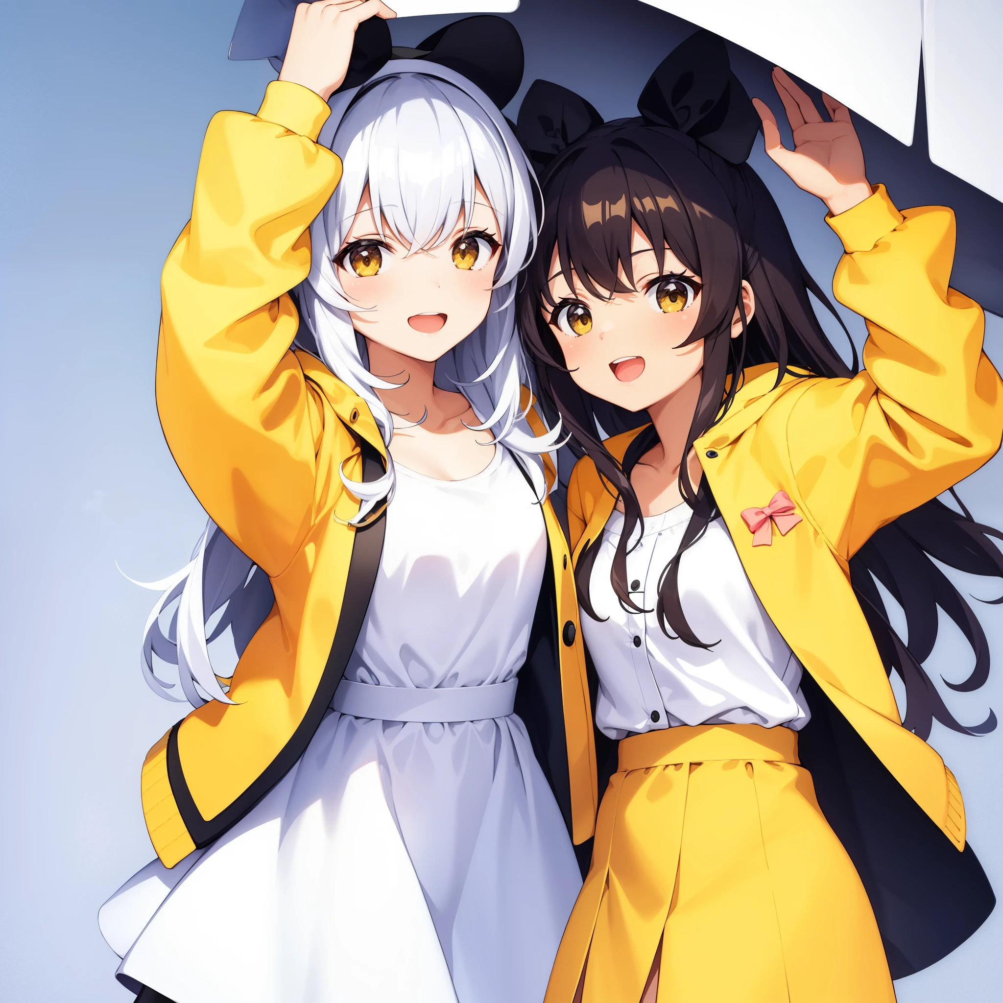 coloredic0n icon, ik1, 1girl, white dress, yellow jacket, cartoon bone,