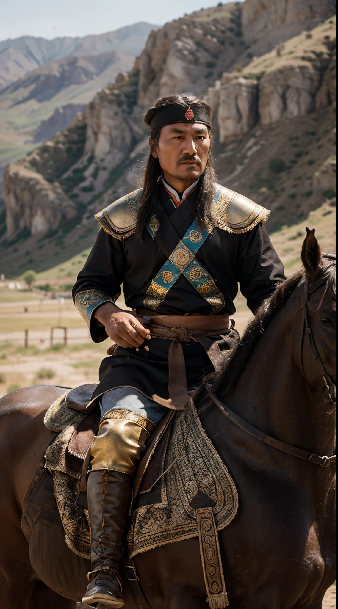 "Visualize Genghis Khan, the legendary leader, on horseback, overlooking a united and diverse group of tribes, symbolizing the unification of the Mongol Empire."