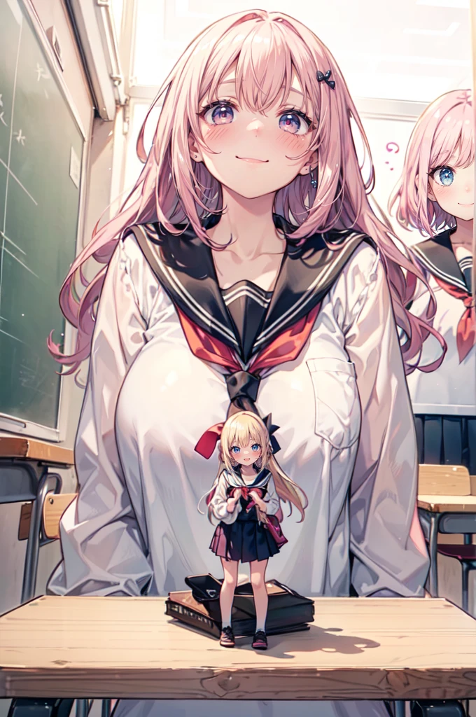 (height_difference:1.4), (size_difference:1.4), (giantess:1.4), (2girls:1.5), serafuku, a giantess looking down at a minigirl on a table, a minigirl on a table in front of the breasts of a giantess, classroom, bocchi, large breasts, cleavage, leaning over, embarrassed, shocked, flustered,
AND (minigirl:1.5) on a table, (rear_end:1.2), long hair, shoes (Masterpiece), (Best Definition Animated Illustration), (Super Definition), pink hair or blonde hair