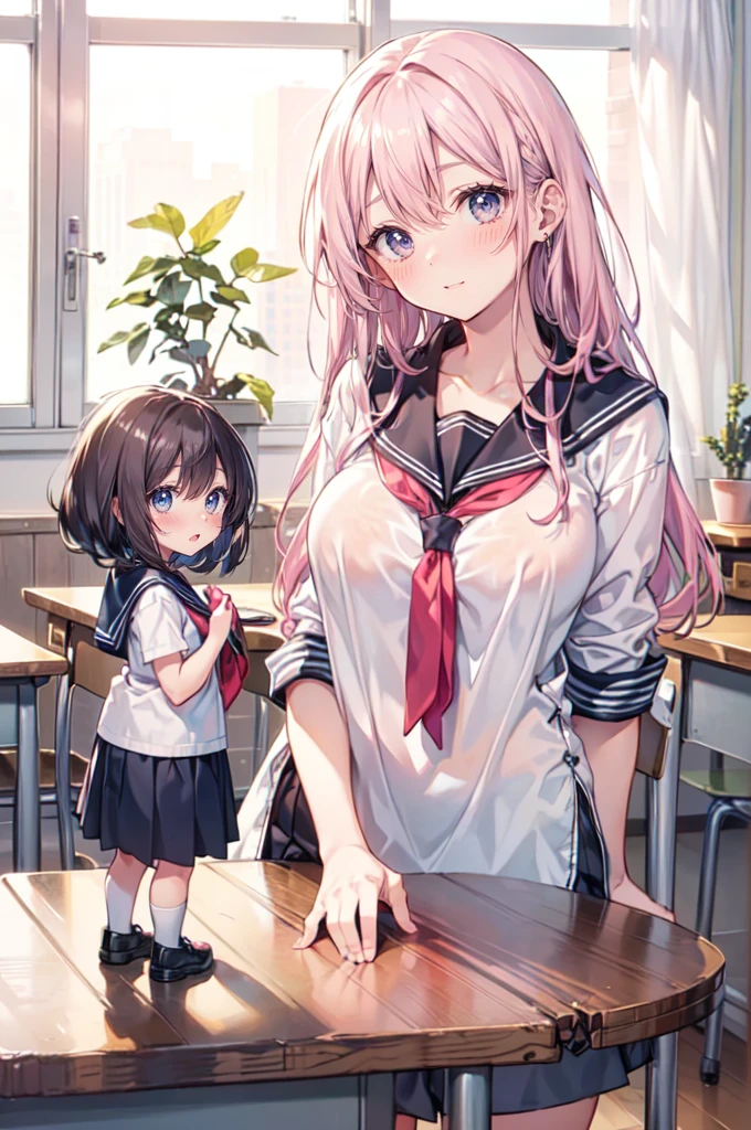 (height_difference:1.4), (size_difference:1.4), (giantess:1.4), (2girls:1.5), serafuku, a giantess looking down at a minigirl on a table, a minigirl on a table in front of the breasts of a giantess, classroom, bocchi, large breasts, cleavage, leaning over, embarrassed, shocked, flustered, 
AND (minigirl:1.5) on a table, (rear_end:1.2), long hair, shoes (Masterpiece), (Best Definition Animated Illustration), (Super Definition), pink hair or blonde hair