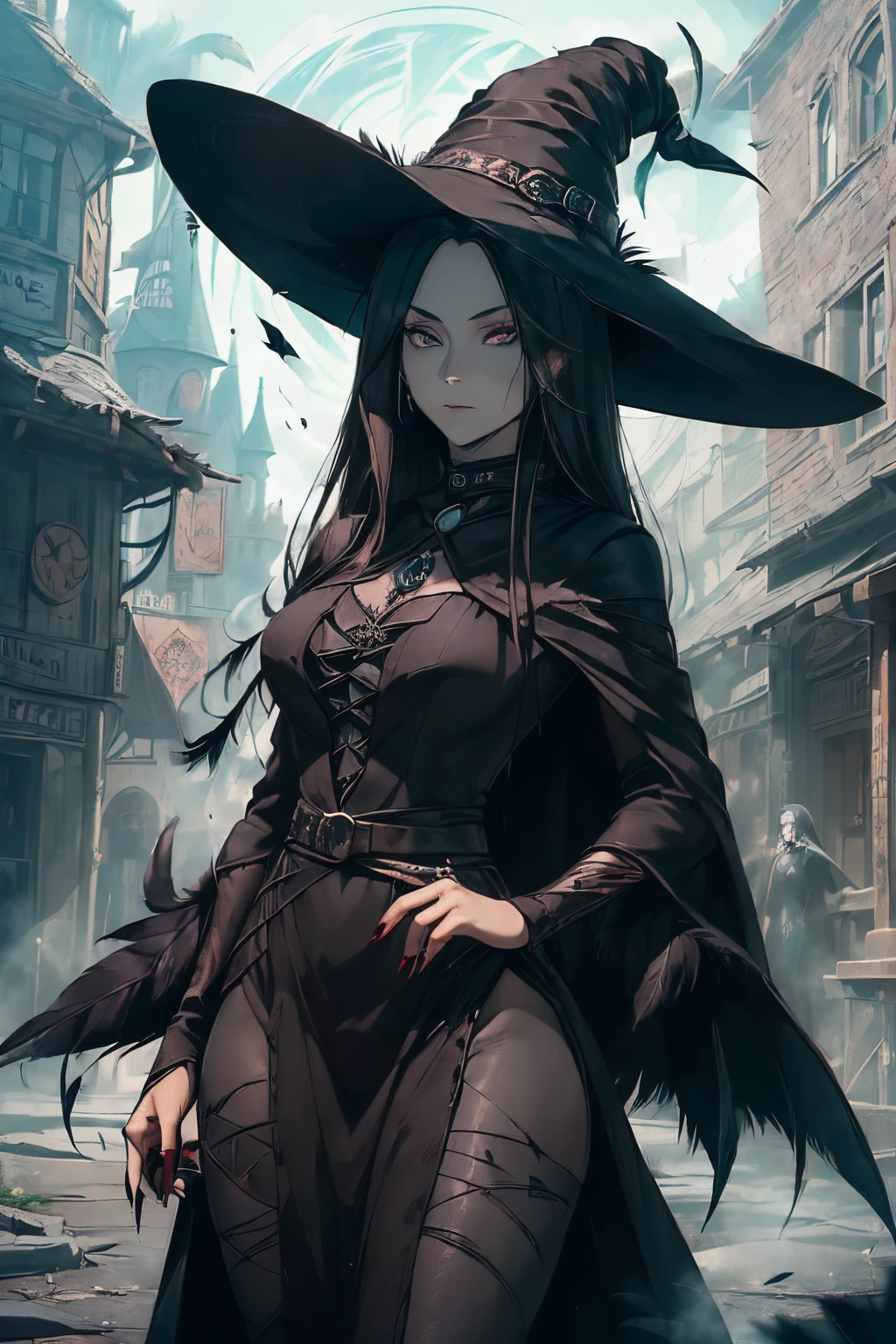 (((One female witch, around 40 years old, dressed in a long black dress made of raven feathers ,wearing no witch hat))), long black hair, light blue eyes, voluptuos, perfectly drawn face, fantasy setting, anime, (black chocker), ((bloodmancer)), masterpiece