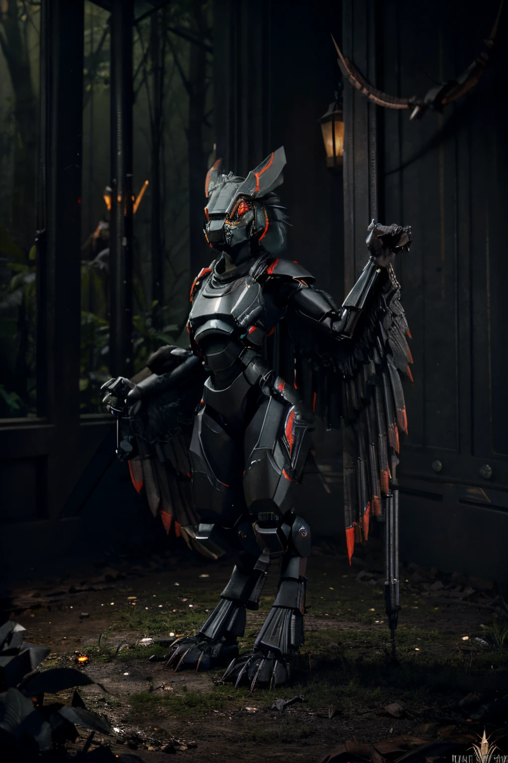Tall black Avali, glowing red eyes, mechanical body, animatronic, high quality image, masterpiece, arm wings, metal claws, predatory stance, Avali, dark, ominous, dark forest background, black wings, skinny, long arms, long legs, far away, 2 arm-wings, 3 fingers, claws