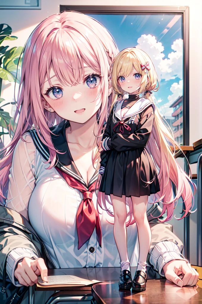 (height_difference:1.4), (size_difference:1.4), (giantess:1.4), (2girls:1.5), serafuku, a giantess looking down at a minigirl on a table, a minigirl on a table in front of the breasts of a giantess, classroom, bocchi, large breasts, cleavage, leaning over, embarrassed, shocked, flustered,
AND (minigirl:1.5) on a table, (rear_end:1.2), long hair, shoes (Masterpiece), (Best Definition Animated Illustration), (Super Definition), pink hair or blonde hair