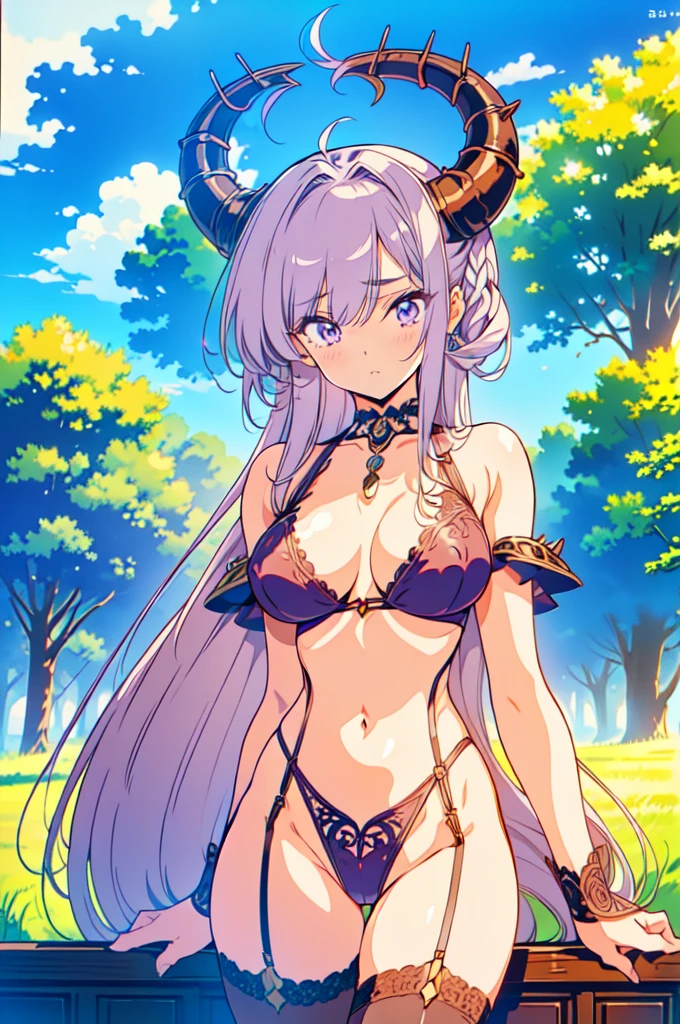 "(masterpiece:1.1), best quality, NSFW,
1girl, (80s anime style:1.3), (eyelashes:1.5), (:1.2),
(intricate high detailed body:1.2),
(purple hair:1.1), (hair slicked back:1.2), (long hair, straight hair:1.1), (demon horns:1.2),
purple eyes, (thick eyebrows:1.1),
(huge breasts:1.1),
(naughty face:1.2),
(lace leotard armor, underboob cutout:1.2), (garter belt:1.2),
(suspenders:1.1), (jewelry:1.1), necklace,
standing, leaning forward,
(upper body, cowboy shot, looking at viewer, from front:1.1),
(daytime, grassland, outdoors:1.2)"