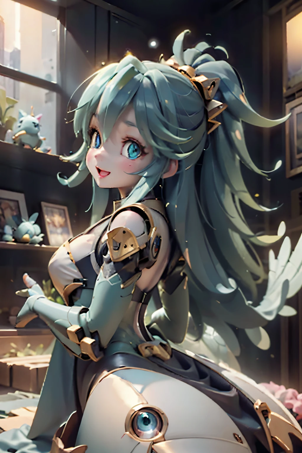 ​masterpiece、top-quality、hight resolution、8K、Baby face、1beautiful girl、20yr old、Harpy、mechs、a mecha girl、Mecha harpy、kawaii eyes、big eye、dark light blue eyes、green colored hair、Twin-tailed、Smile with open mouth、teak、lip stick、bikini-armor、sexypose、dynamicposes、From Side,