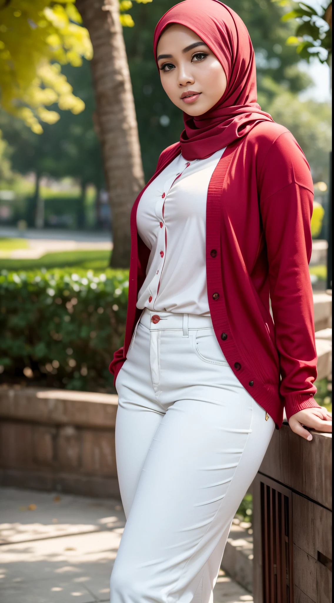 RAW, Best quality, high resolution, masterpiece: 1.3), beautiful Malay woman in hijab (iu:0.8)1beautiful Malay woman,wearing a white shirt, wearing a red cardigan, red pants,big breasts, morning walk, City park, Good lighting, Bright colors, Clean lines