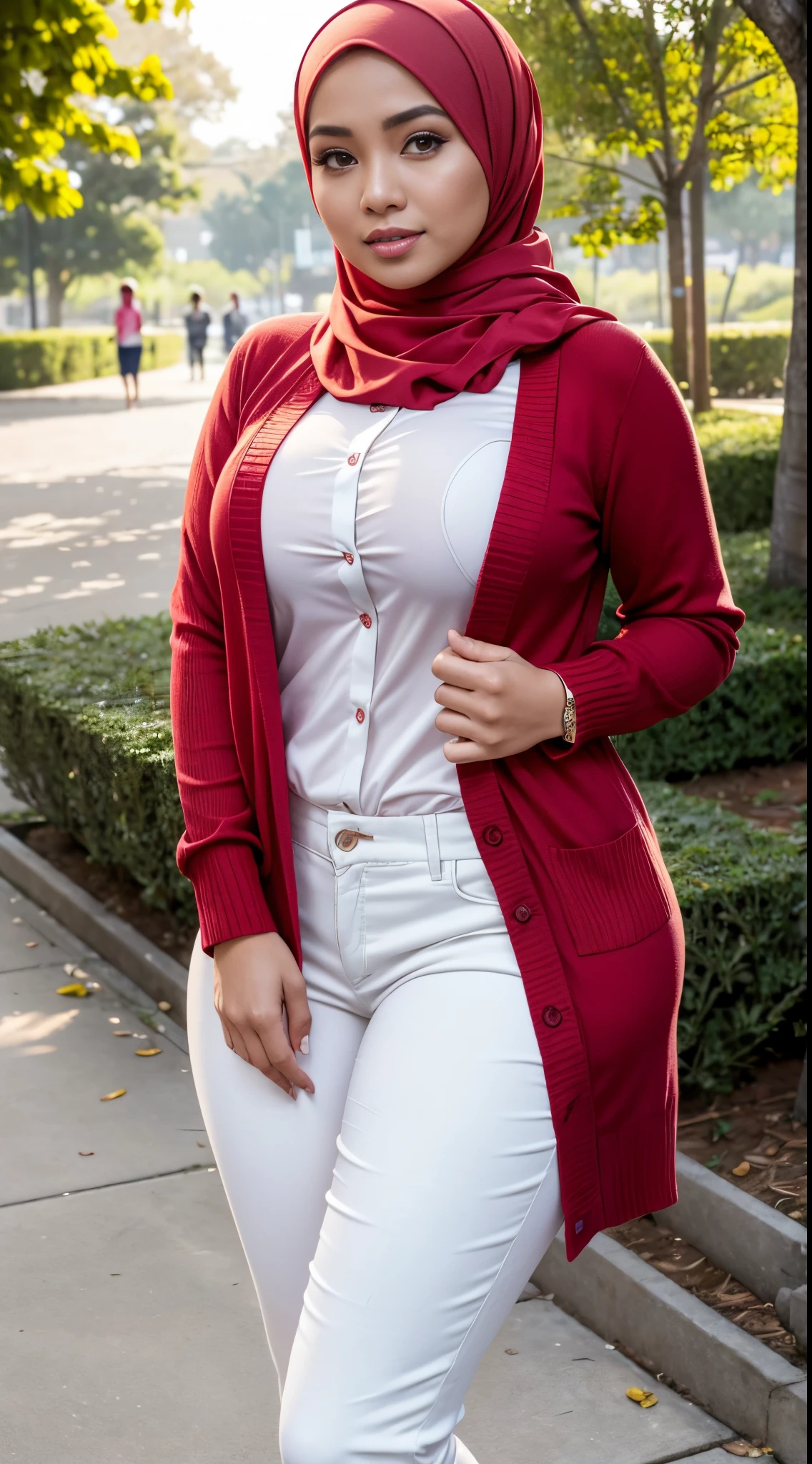 RAW, Best quality, high resolution, masterpiece: 1.3), beautiful Malay woman in hijab (iu:0.8)1beautiful Malay woman,wearing a white shirt, wearing a red cardigan, red pants,big breasts, morning walk, City park, Good lighting, Bright colors, Clean lines