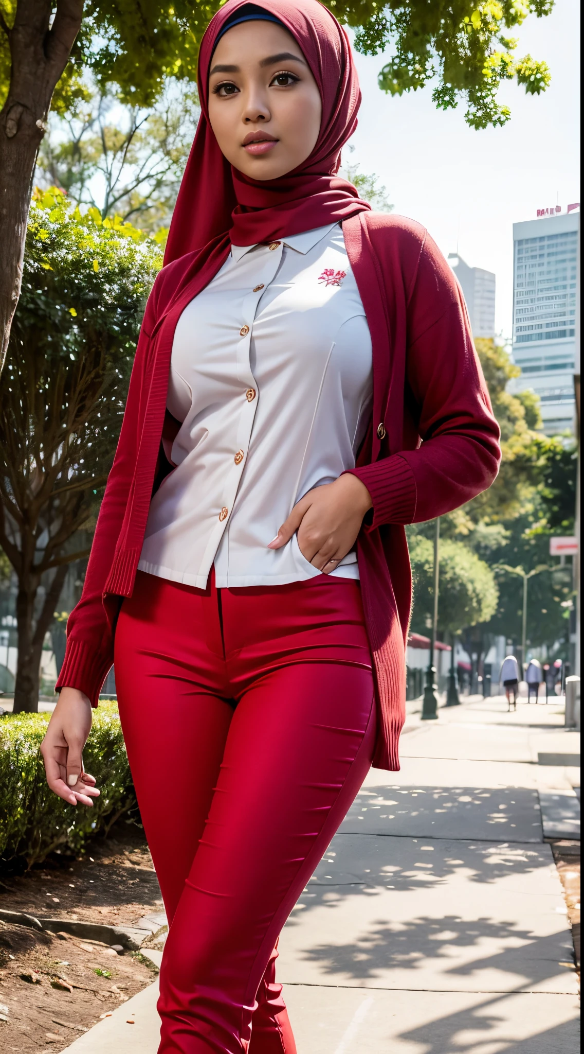 RAW, Best quality, high resolution, masterpiece: 1.3), beautiful Malay woman in hijab (iu:0.8)1beautiful  Malay woman,wearing a white shirt, wearing a red cardigan, red pants,big breasts, morning walk, City park, Good lighting, Bright colors, Clean lines