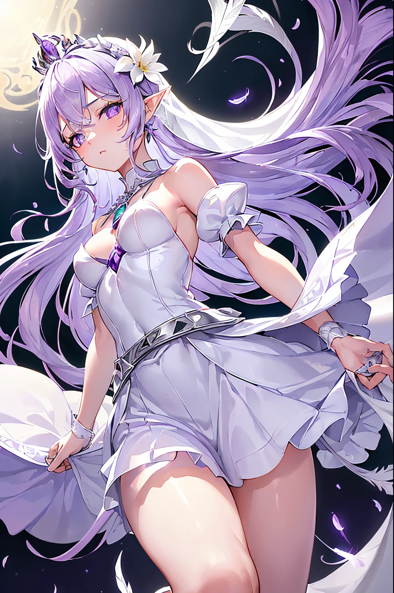 Emilia princess from Re:Zero kara Hajimeru Isekai Seikatsu, half elf, ((gorgeous white and purple elegant silk wedding dress, holding a bunch of clematis, silk accesory, veil, silver necklace, diamond ring, flower earring, belt, collar, silver crown, white silk legging)), grace hair style, garden background, ((perfect body shape, small breast, empress and forzen aura, flower and feather flying effect, detailed skin, silver and light purple pupil)), heavy make up, best quality anime 4k wallpaper quality, extreme eye and body detail, energetic girl, spirit around, high resolution , masterpieces