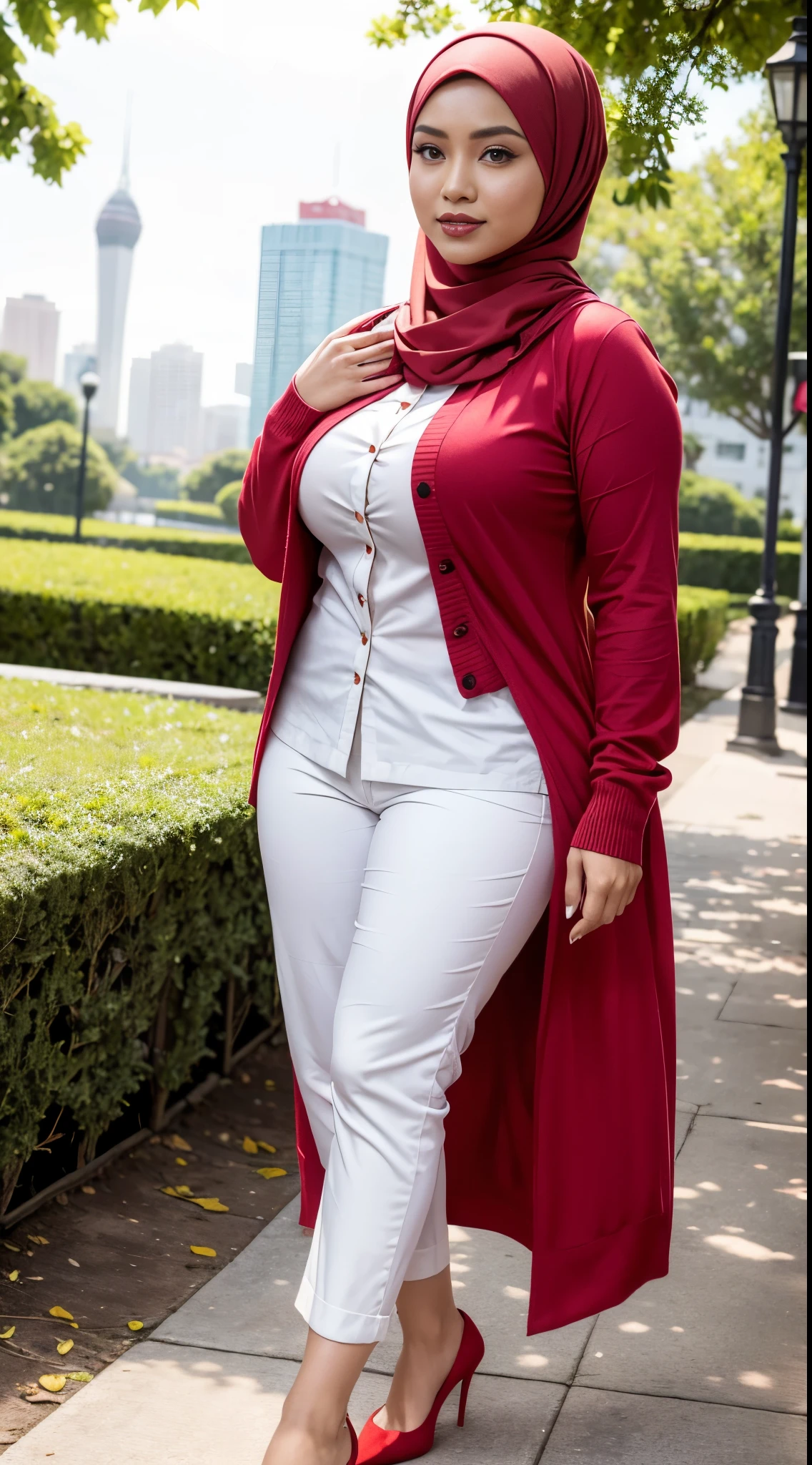 RAW, Best quality, high resolution, masterpiece: 1.3), beautiful Malay woman in hijab (iu:0.8)1beautiful Malay woman,wearing a white shirt, wearing a red cardigan, red pants,big breasts, morning walk, City park, Good lighting, Bright colors, Clean lines