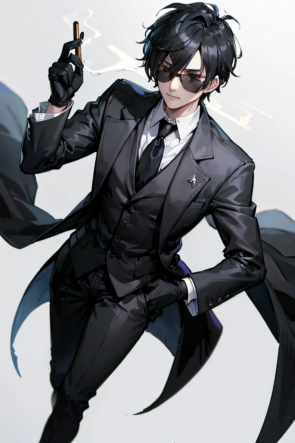 Generate a male character wearing a sleek black suit with a matching coat. Equip him with white gloves adorned with a pentagram design. The character should wear stylish sunglasses and have a cigarette in hand, exuding a cool and mysterious vibe. Give him black hair. This character is a magic caster, and his white gloves are the source of his magical abilities. Make sure to depict him in a full-body pose, emphasizing the essence of a charismatic magic user. Additionally, ensure that the gloves have a unique design with a pentagram on its backhand and are reminiscent of handshoes in white.