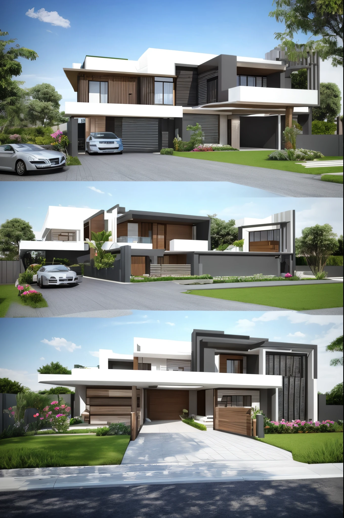 rendering of a modern house with driveway and flower beds, Casa Conceito, large modern residence, casa contemporanea, Villa Interdimensional, Great futuristic residence, casa completa, architectural concept, casa moderna, conceptual rendering, conceito realista, design exterior, 3D-rendering, 3D rendering, architectural render, in style of 3d render, renderizar 3 d, projeto residencial