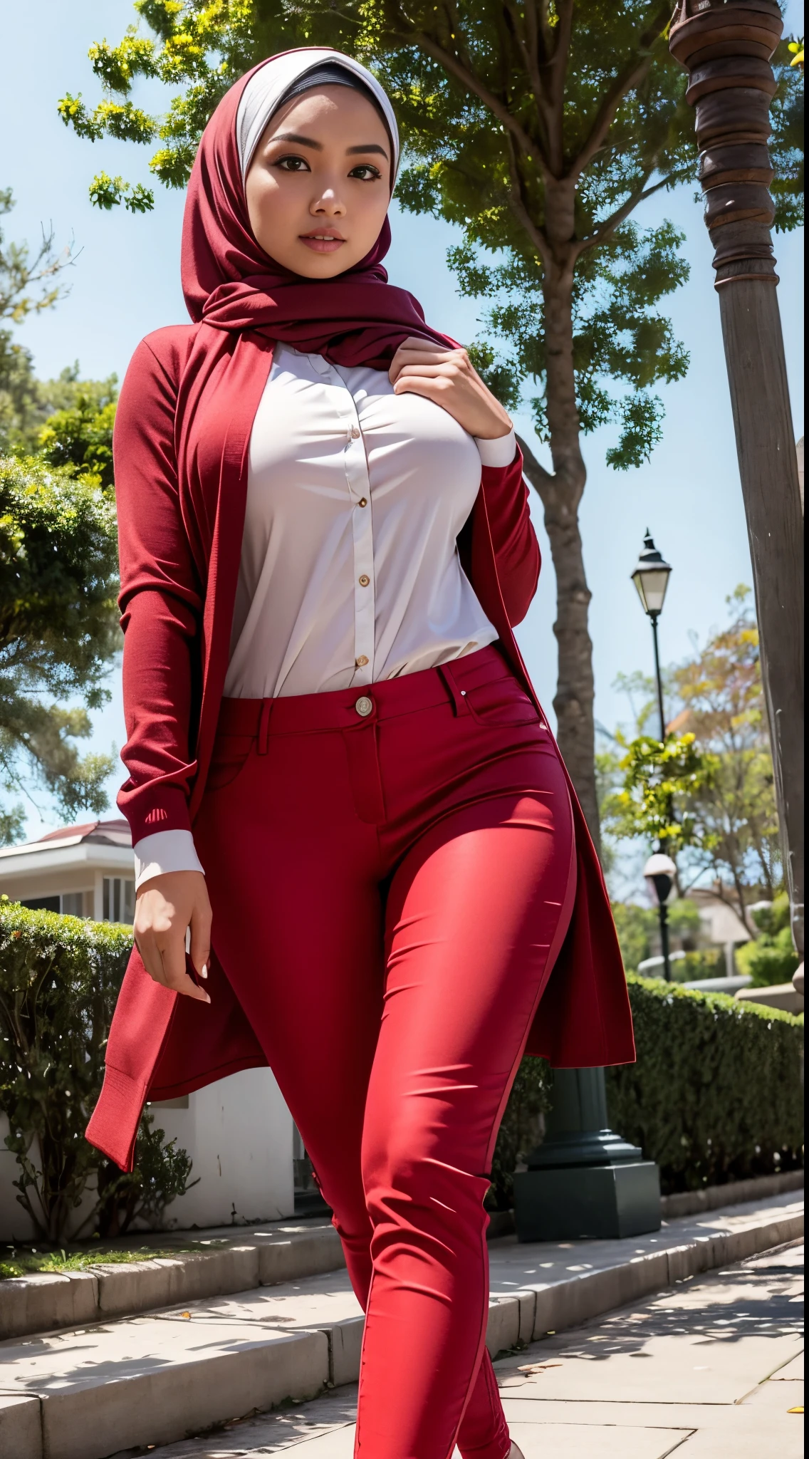 RAW, Best quality, high resolution, masterpiece: 1.3), beautiful Malay woman in hijab (iu:0.8)1beautiful Malay woman,wearing a white shirt, wearing a red cardigan, red pants,big breasts, morning walk, City park, Good lighting, Bright colors, Clean lines