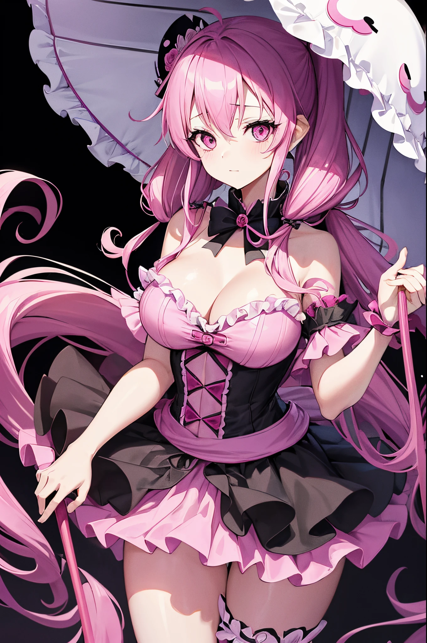 one piece ghost princess perona, ghost and sakura aura, holding a cute umbrella, black pink gothic outfit, hair tied into two curly pigtails with black and white flower hairpins, perfect body shape, wearing black top hat with ribbon, masterpieces, light make up, ghost effect, 4k wallpaper quality