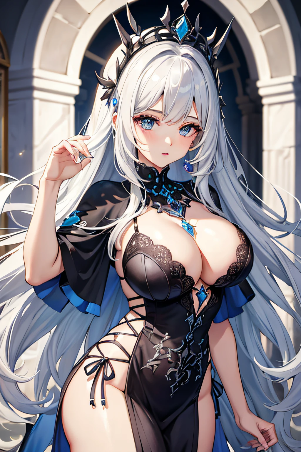 cabello plateado, senos grandes, mujer adulta, Milf, vestido de cuero ajustado, cabello lacio, Cabello largo, ojos azules, 4k, Masterpiece, High Quality