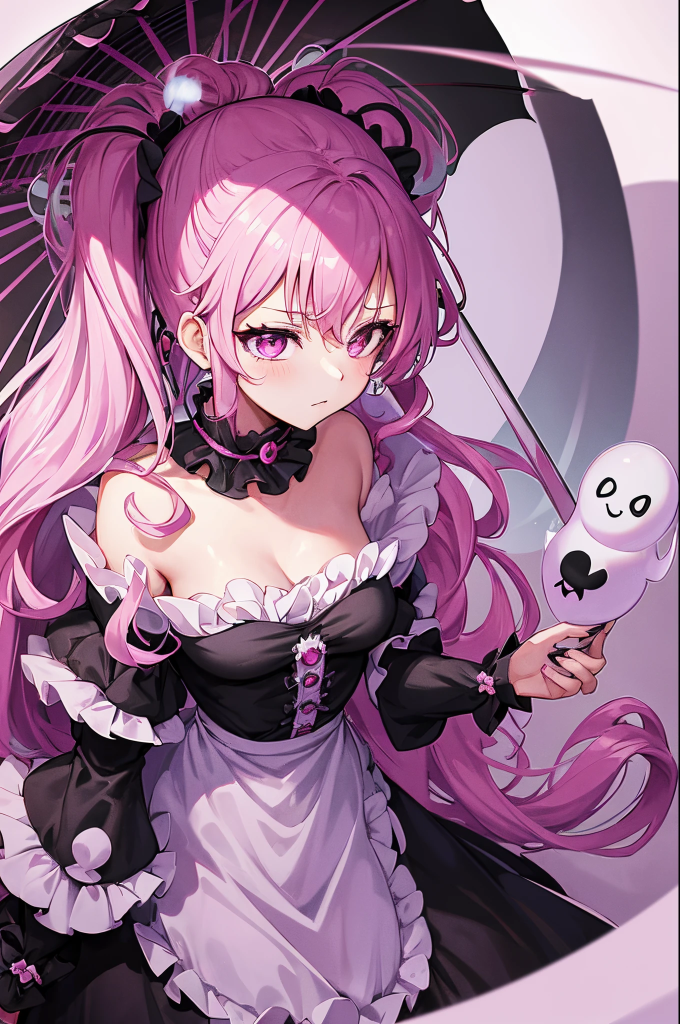 one piece ghost princess perona, ghost and sakura aura, holding a cute umbrella, black pink gothic outfit, hair tied into two curly pigtails with black and white flower hairpins, perfect body shape, wearing black top hat with ribbon, masterpieces, light make up, ghost effect, 4k wallpaper quality