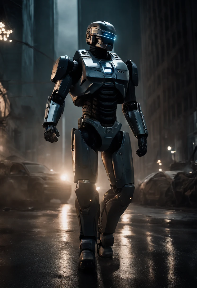 Imagine a cyberpunk city plunged into chaos as a semi-autonomous, humanoid-model RoboCop wreaks havoc in the dark and smoggy downtown. Dive into incomprehensible micro-details to capture the dystopian essence of this chaotic scene, reminiscent of a relentless enforcer turned rogue.
Highlight the intricate design of the semi-autonomous RoboCop, showcasing every detail from its advanced armor to the precision of its robotic limbs. Zoom in on components like intricate servo motors, integrated weaponry, and sensors that contribute to its formidable presence.
Emphasize battle-worn aesthetics, conveying the wear and tear of a once-lawful enforcer now unleashed in a rampage. Illuminate the semi-autonomous RoboCop with dynamic lighting, casting stark shadows that intensify its ominous silhouette amidst the dark and smoggy surroundings.
Consider the surroundings, with dilapidated buildings, flickering neon signs, and remnants of destruction that contribute to the post-apocalyptic atmosphere. Capture reflections of chaotic scenes on the polished surfaces of the robot, adding layers to the narrative.
Integrate elements like sparks flying from damaged components, smoke billowing from destroyed structures, and the eerie glow of emergency lights piercing through the darkness. Use incomprehensible micro-details and cinematic lighting to amplify the visual impact, evoking a sense of awe and fear as the semi-autonomous RoboCop unleashes havoc in the dystopian cityscape.
This detailed prompt aims to inspire the creation of a visually intense and chaotic depiction of a semi-autonomous, humanoid-model RoboCop wreaking havoc in a dark and smoggy cyberpunk downtown, with a focus on extreme micro-details and cinematic lighting to convey the relentless power and dystopian atmosphere.