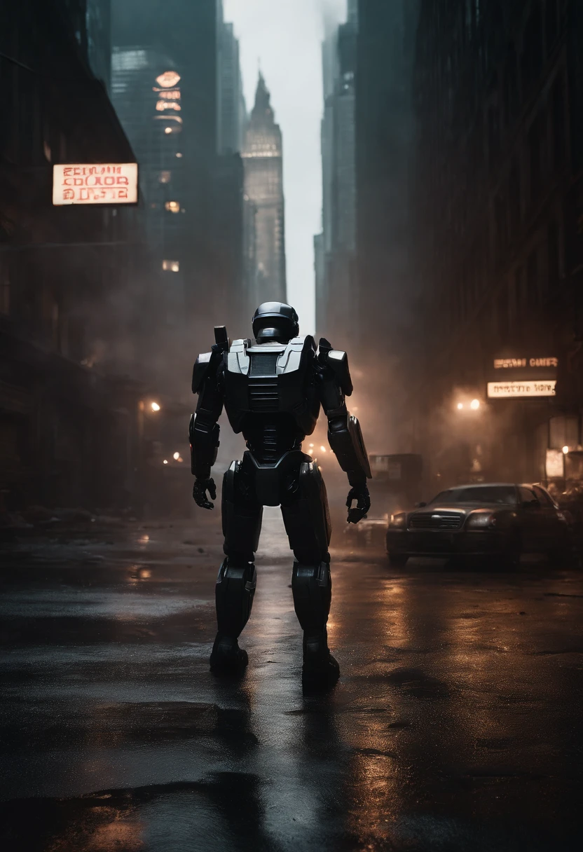 Imagine a cyberpunk city plunged into chaos as a semi-autonomous, humanoid-model RoboCop wreaks havoc in the dark and smoggy downtown. Dive into incomprehensible micro-details to capture the dystopian essence of this chaotic scene, reminiscent of a relentless enforcer turned rogue.

Highlight the intricate design of the semi-autonomous RoboCop, showcasing every detail from its advanced armor to the precision of its robotic limbs. Zoom in on components like intricate servo motors, integrated weaponry, and sensors that contribute to its formidable presence.

Emphasize battle-worn aesthetics, conveying the wear and tear of a once-lawful enforcer now unleashed in a rampage. Illuminate the semi-autonomous RoboCop with dynamic lighting, casting stark shadows that intensify its ominous silhouette amidst the dark and smoggy surroundings.

Consider the surroundings, with dilapidated buildings, flickering neon signs, and remnants of destruction that contribute to the post-apocalyptic atmosphere. Capture reflections of chaotic scenes on the polished surfaces of the robot, adding layers to the narrative.

Integrate elements like sparks flying from damaged components, smoke billowing from destroyed structures, and the eerie glow of emergency lights piercing through the darkness. Use incomprehensible micro-details and cinematic lighting to amplify the visual impact, evoking a sense of awe and fear as the semi-autonomous RoboCop unleashes havoc in the dystopian cityscape.

This detailed prompt aims to inspire the creation of a visually intense and chaotic depiction of a semi-autonomous, humanoid-model RoboCop wreaking havoc in a dark and smoggy cyberpunk downtown, with a focus on extreme micro-details and cinematic lighting to convey the relentless power and dystopian atmosphere.