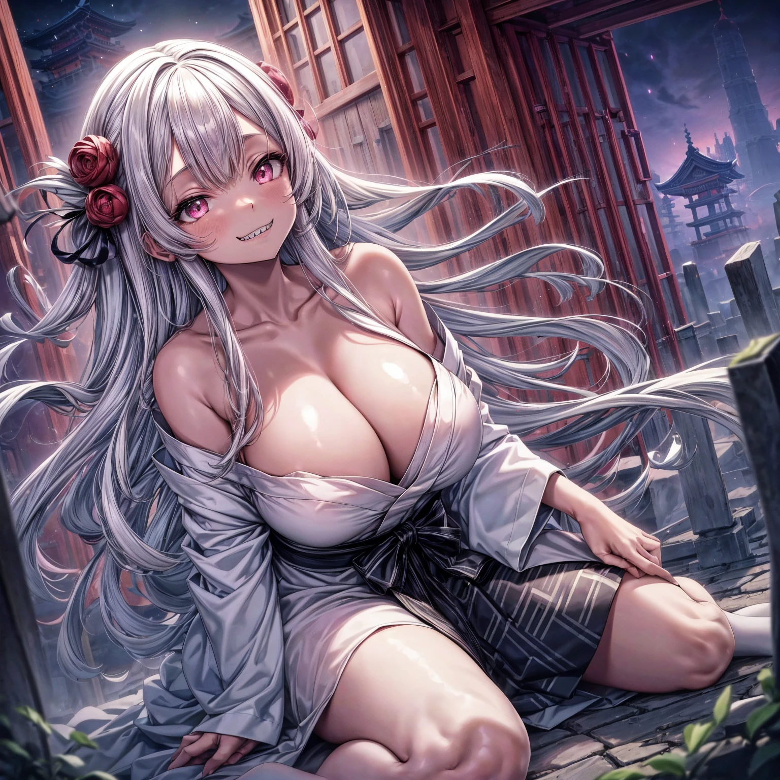 Masterpiece, detailed anime poster, (((wide smile, with extremely detailed sharp teeth))), 1girl,solo,huge breasts, ghost costume , (hitodama) ,night, tombstone, graveyard,,, long sleeves, very long sleeves, , ghost, pale skin,, off shoulder, cleavage, no bra, (((extremely long white hair))), sitting on tombstone, bare legs, shredded tattered clothes, curvy wide hips, massive breasts, chubby thighs, (((beautiful bright pink anime eyes))), japanese temple,