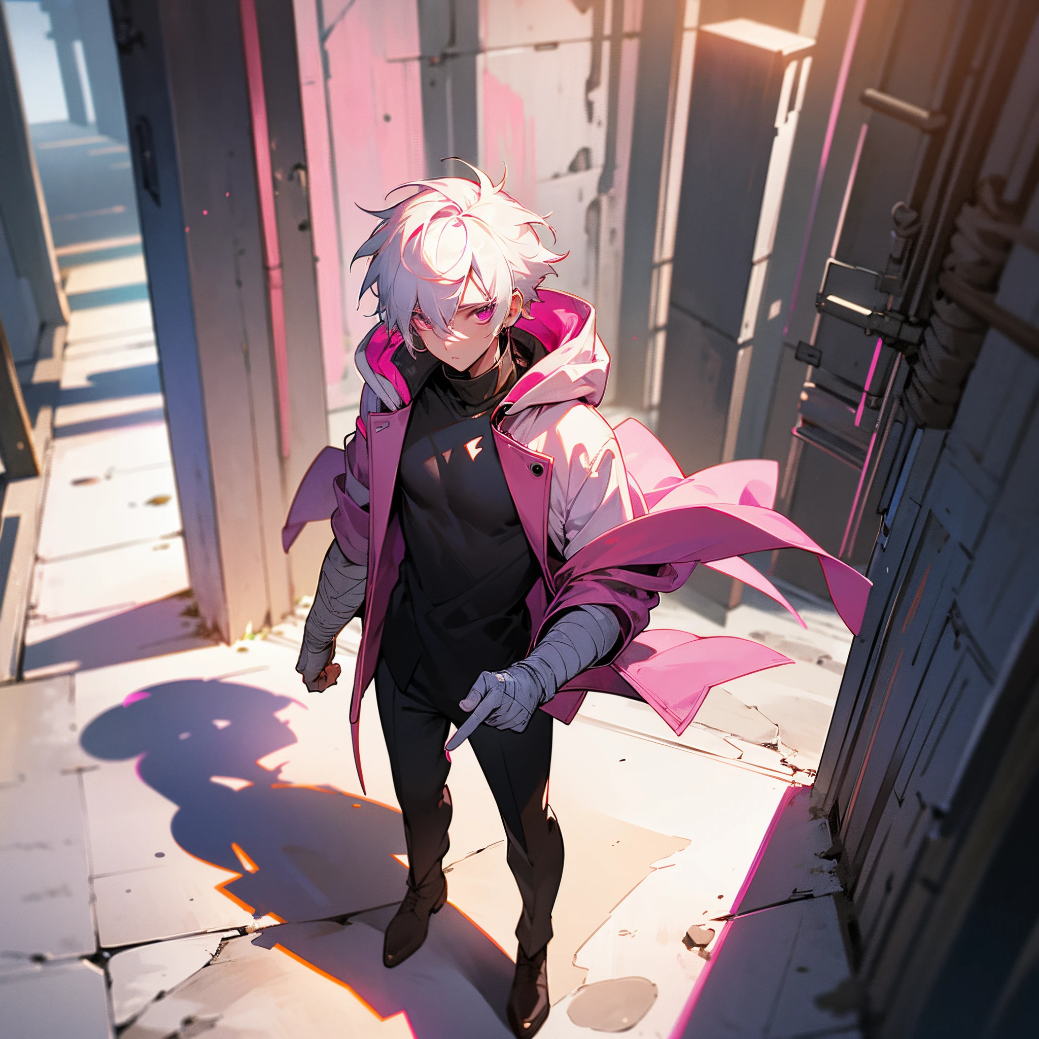 1male, solo, teen, medium messy white hair, finely detailed pink eyes, turtleneck with sleeves rolled up, jacket with oversized hood, bandages wrapped around arm, best lighting and shadows, walking down path, walking down alley