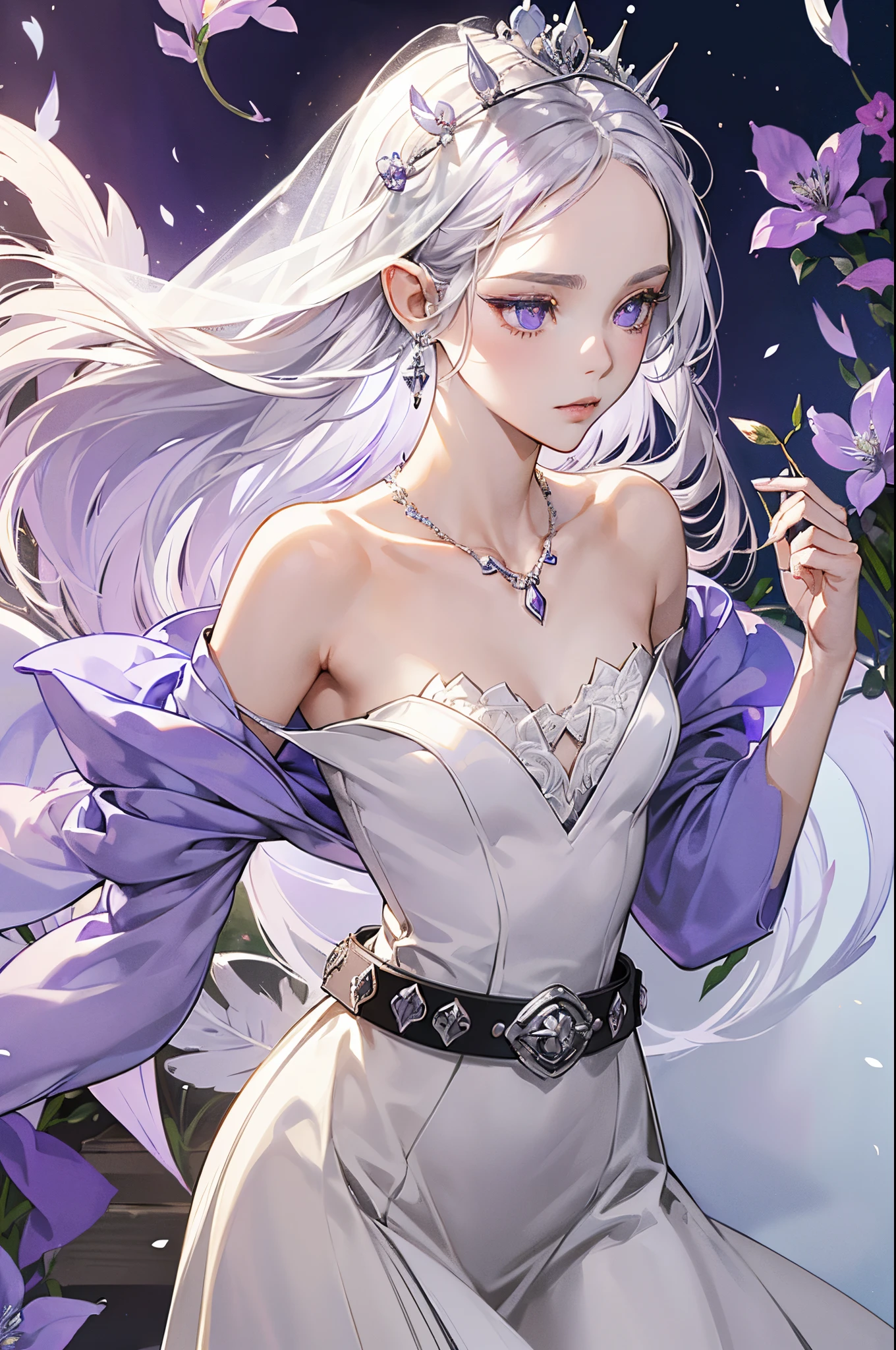 Emilia princess from Re:Zero kara Hajimeru Isekai Seikatsu, half elf, ((gorgeous white and purple elegant silk wedding dress, holding a bunch of clematis, silk accesory, veil, silver necklace, diamond ring, flower earring, belt, collar, silver crown)), grace hair style, garden background, ((perfect body shape, small breast, empress and forzen aura, flower and feather flying effect, clean detailed skin, silver and light purple pupil)), heavy make up, best quality anime 4k wallpaper quality, extreme eye and body detail, spiral energetic girl, spirit around, high resolution , masterpieces