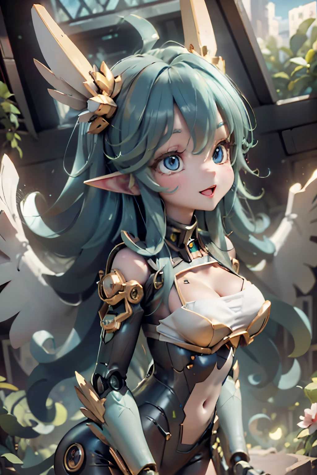 ​masterpiece、top-quality、hight resolution、8K、、1beautiful girl、20yr old、Harpy、mechs、a mecha girl、Mecha harpy、kawaii eyes、big eye、dark light blue eyes、green colored hair、Twin-tailed、Smile with open mouth、teak、lip stick、bikini-armor、sexypose、dynamicposes、From Side,